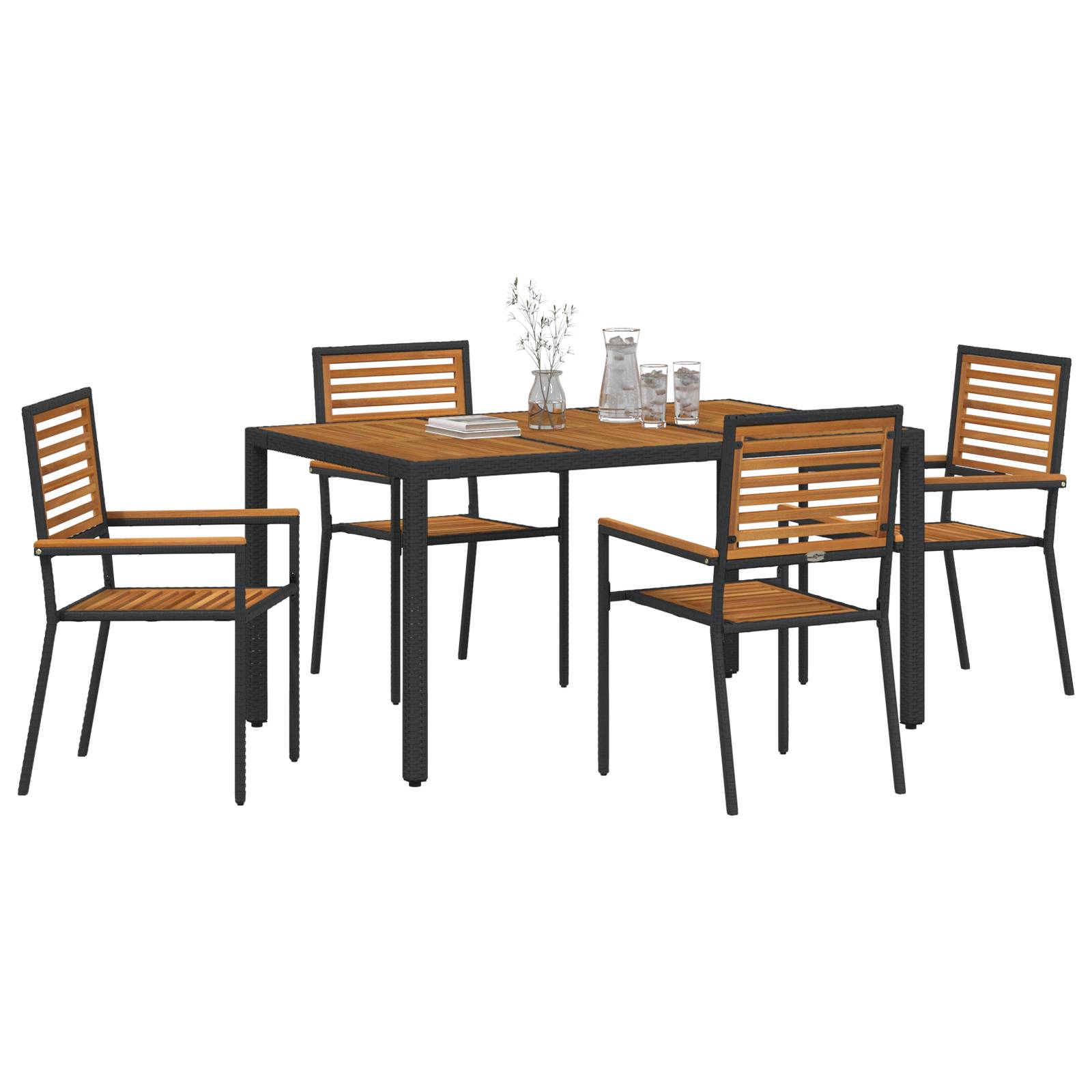 vidaXL 5-teiliges Garten Esstisch Set Schwarz Poly Rattan Akazie
