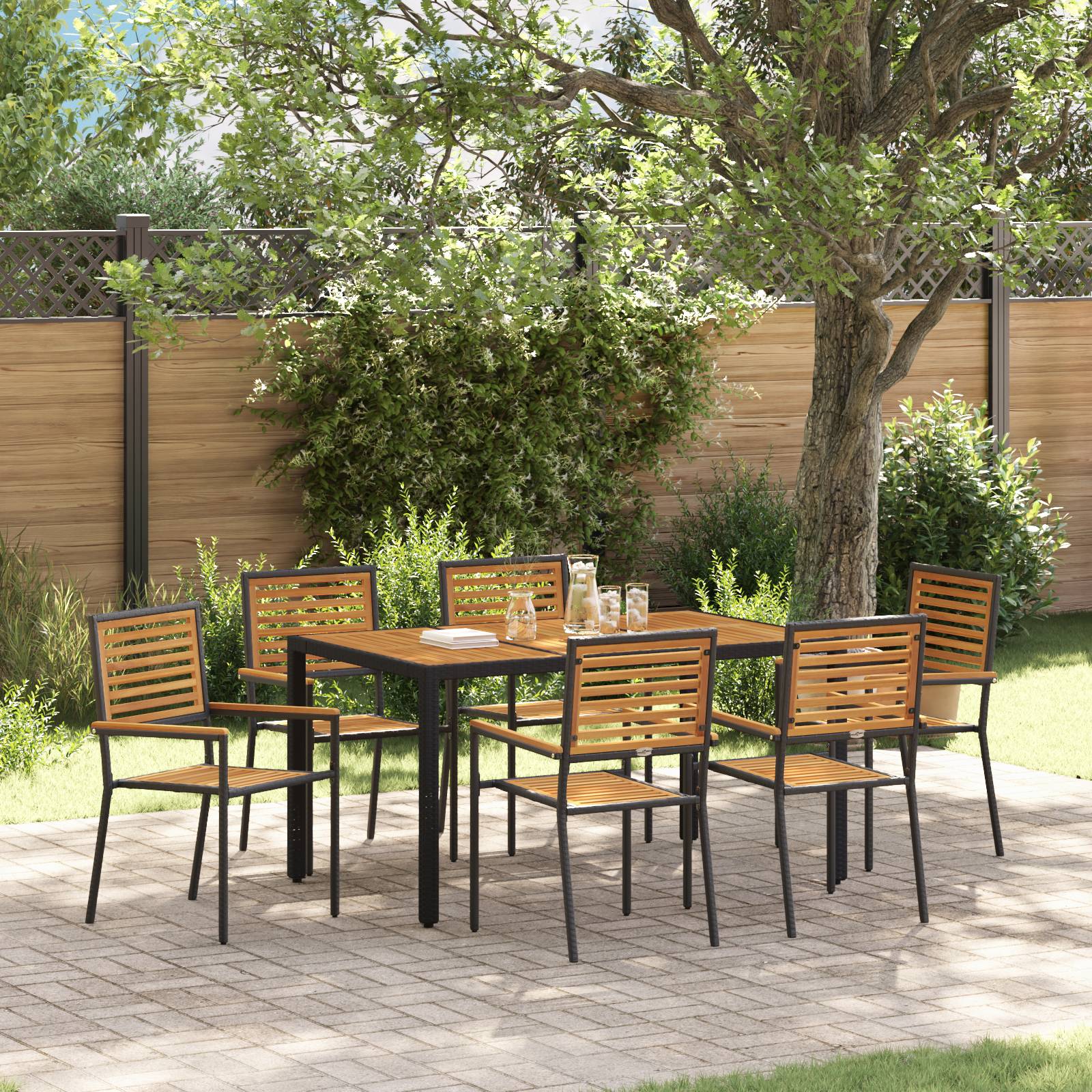 vidaXL 7-teilige Garten Essgruppe schwarz Poly Rattan Akazie