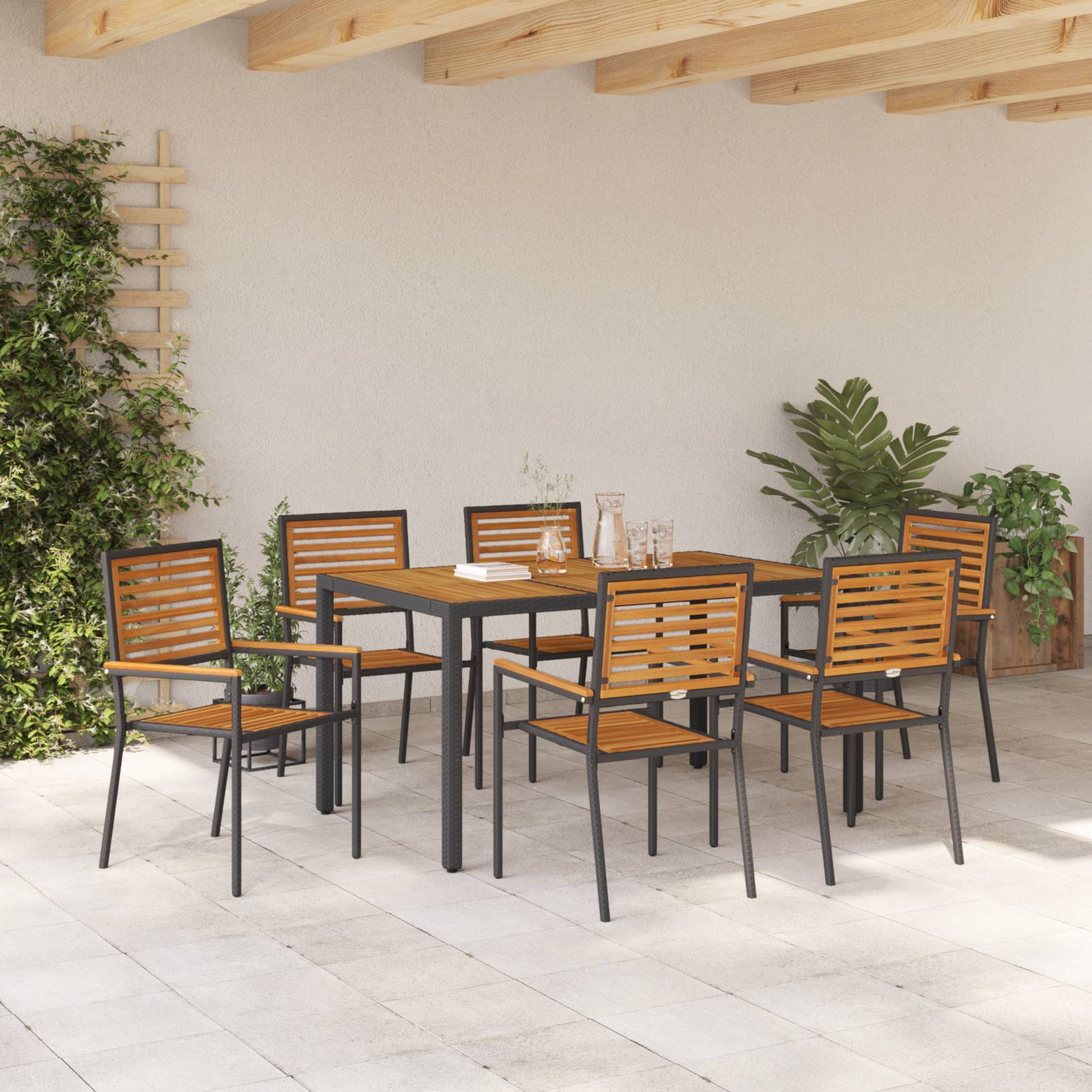 vidaXL 7-teilige Garten Essgruppe schwarz Poly Rattan Akazie