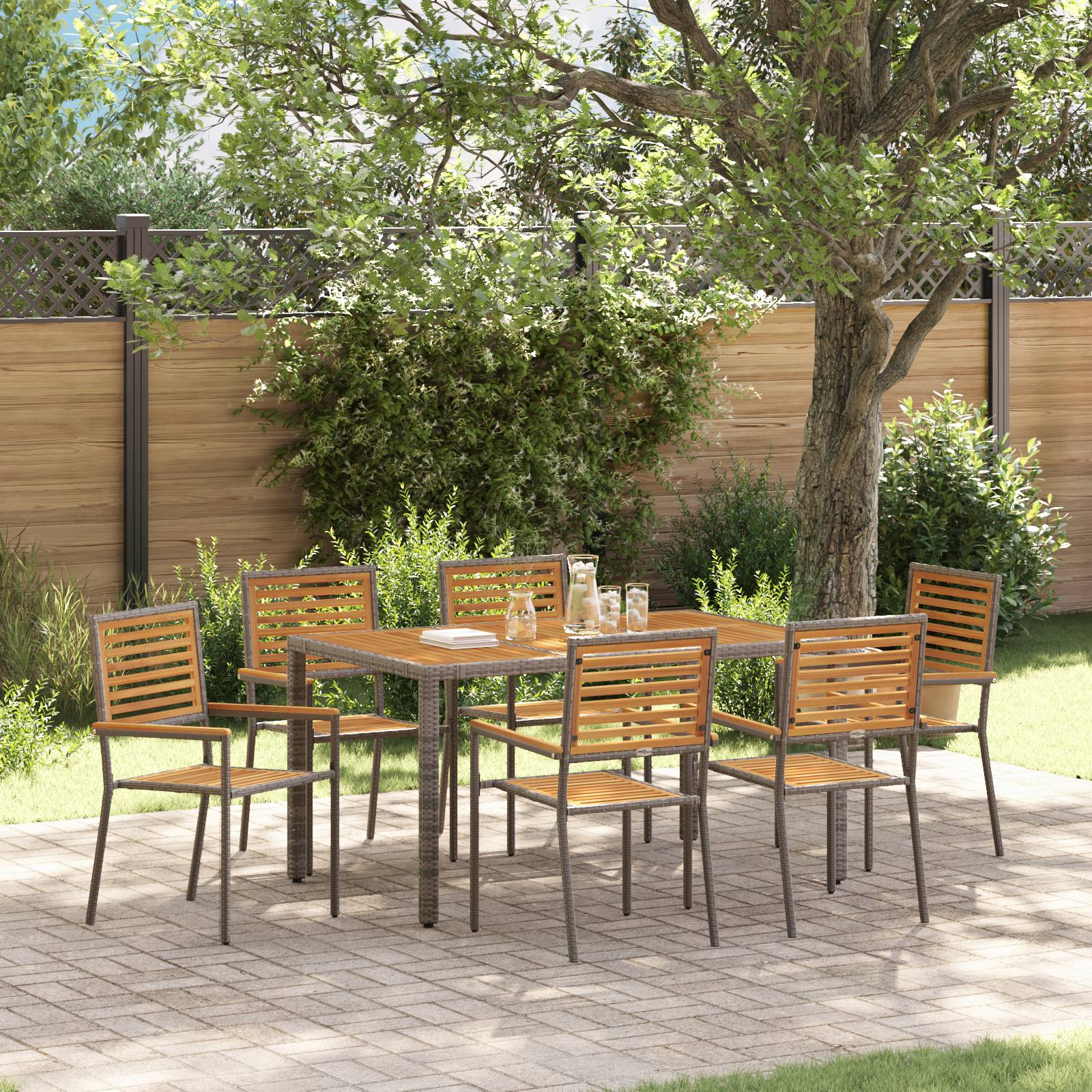 vidaXL 7-teiliges Garten Essset Grau Poly-Rattan Akazie