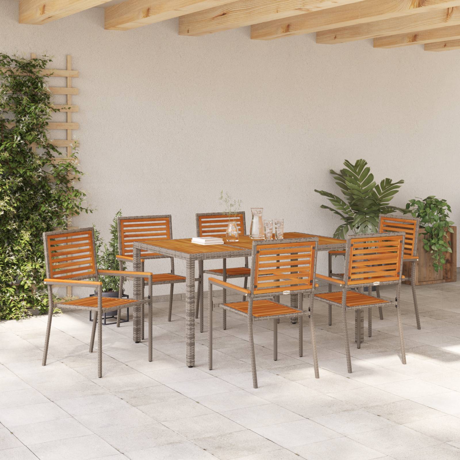 vidaXL 7-teiliges Garten Essset Grau Poly-Rattan Akazie