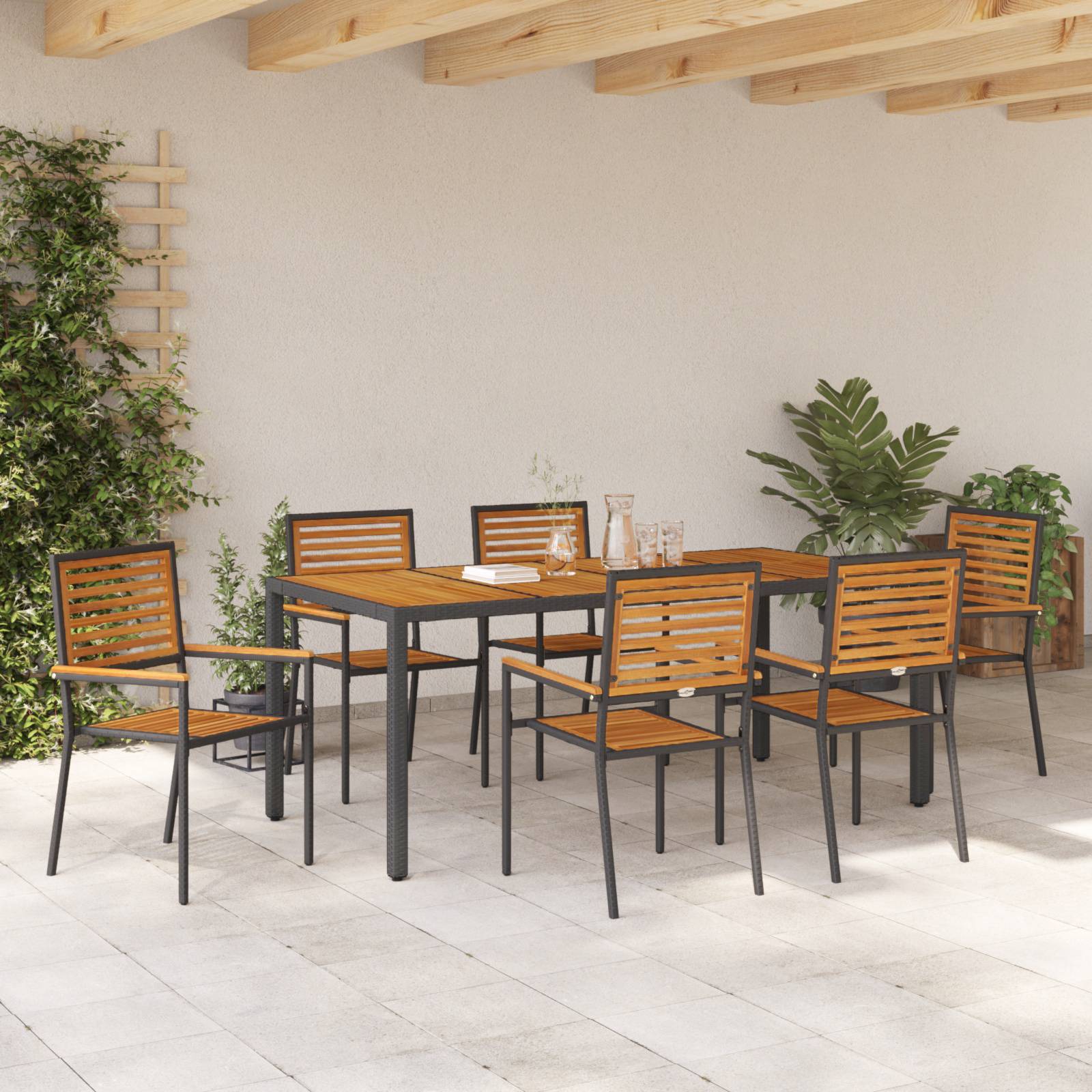 vidaXL 7 Teile Garten Essset Schwarz Poly Rattan Akazie