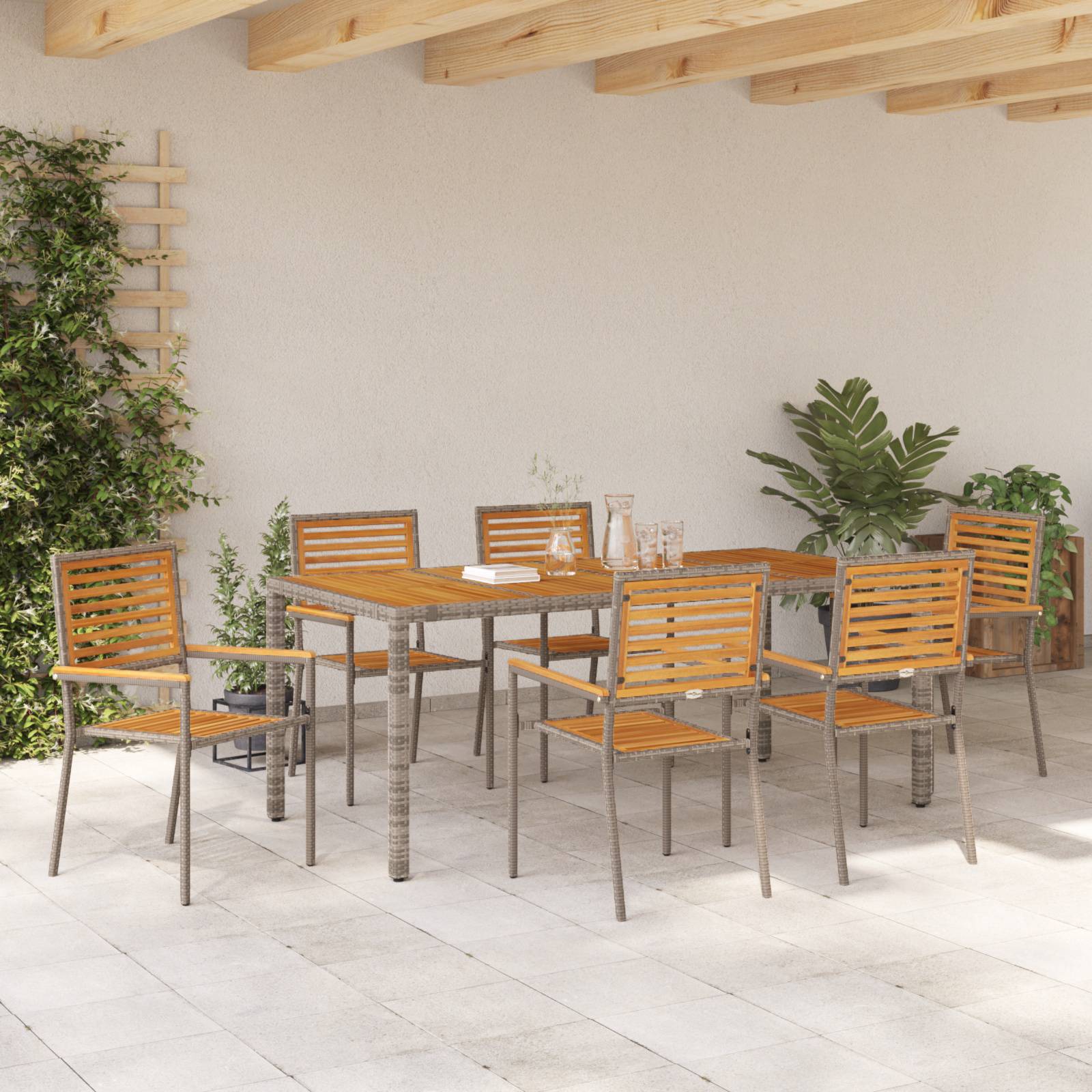 vidaXL 7-Teiliges Garten Essset Grau Poly Rattan Akazie