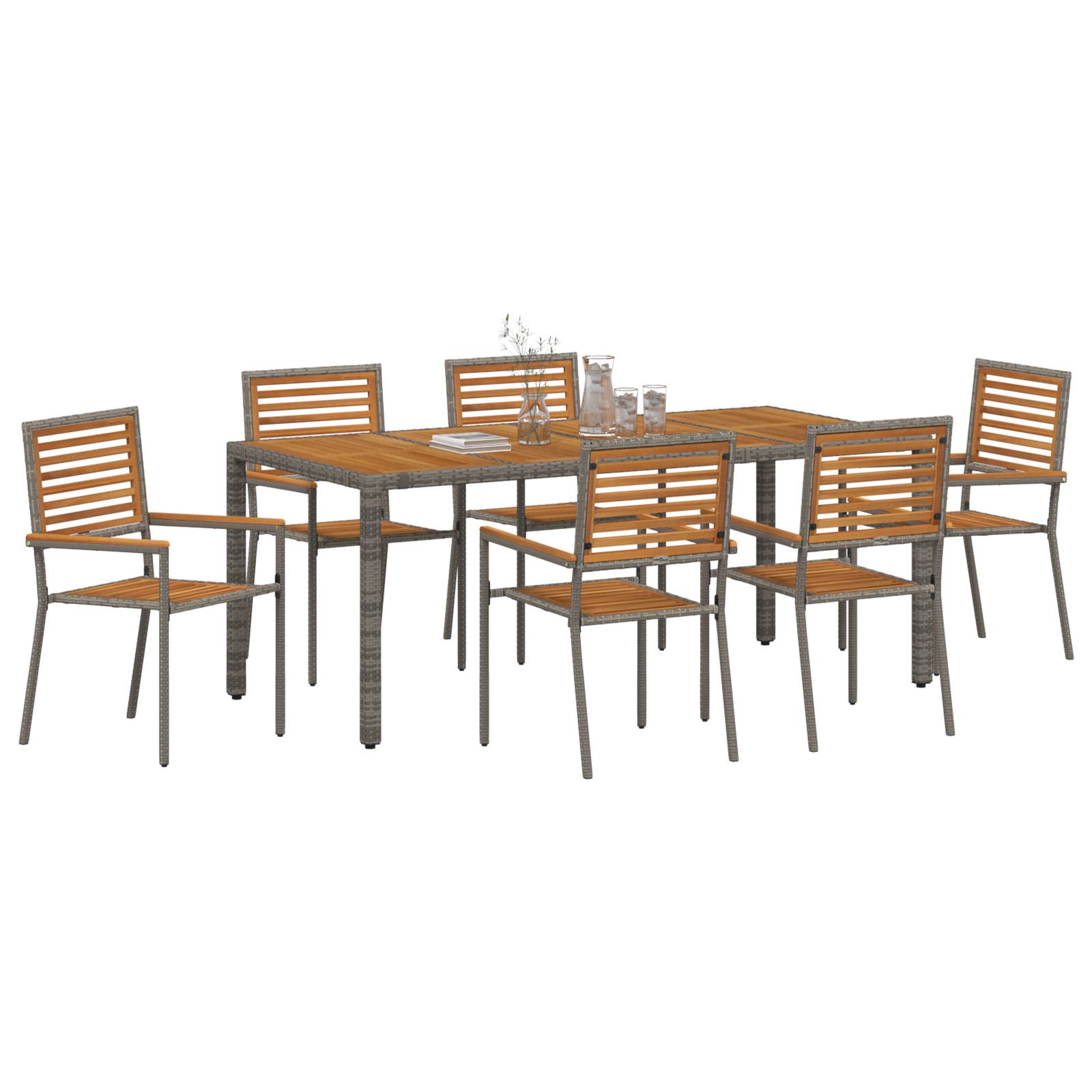 vidaXL 7-Teiliges Garten Essset Grau Poly Rattan Akazie