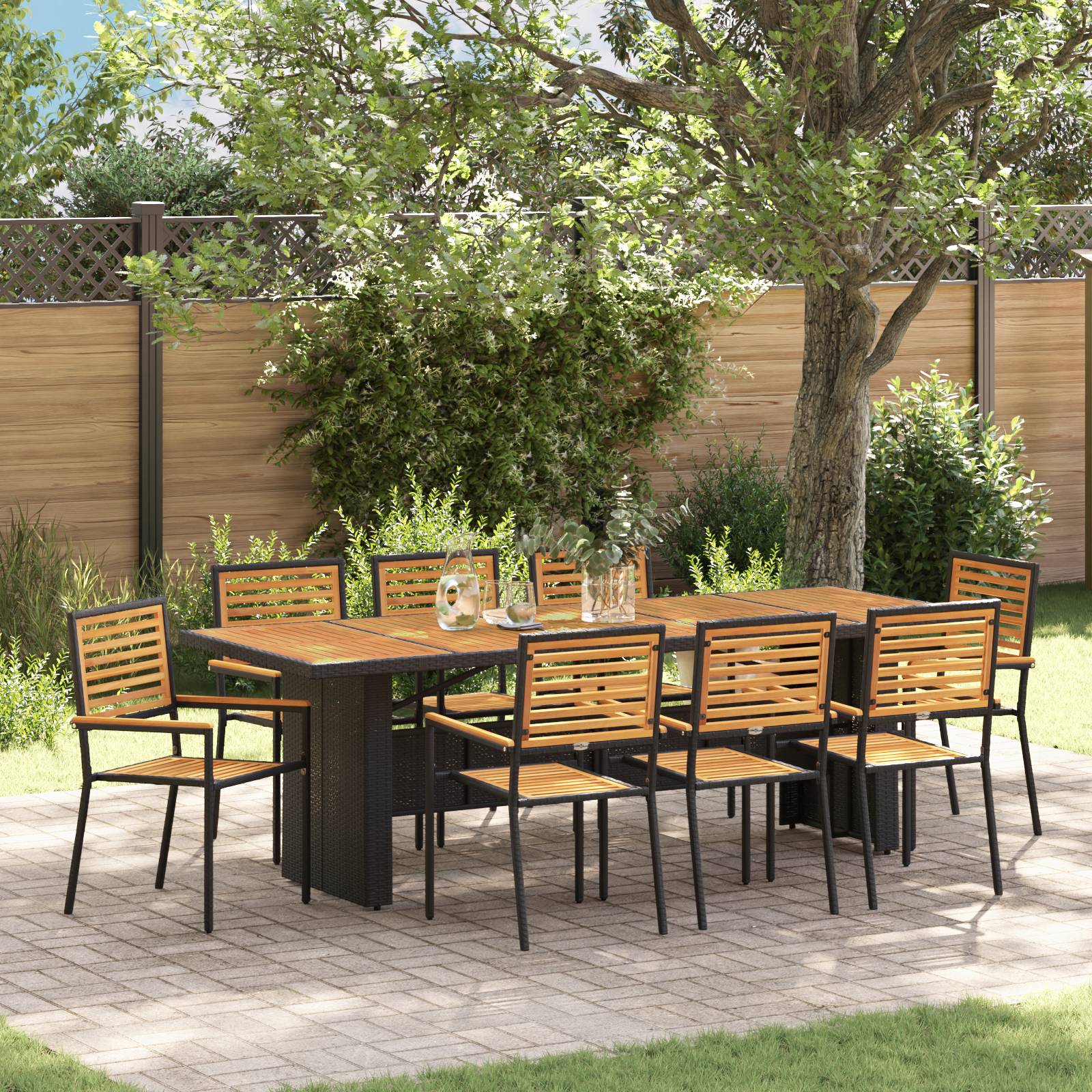 vidaXL 9-teiliges Garten Esstisch Set Schwarz Poly Rattan Akazie
