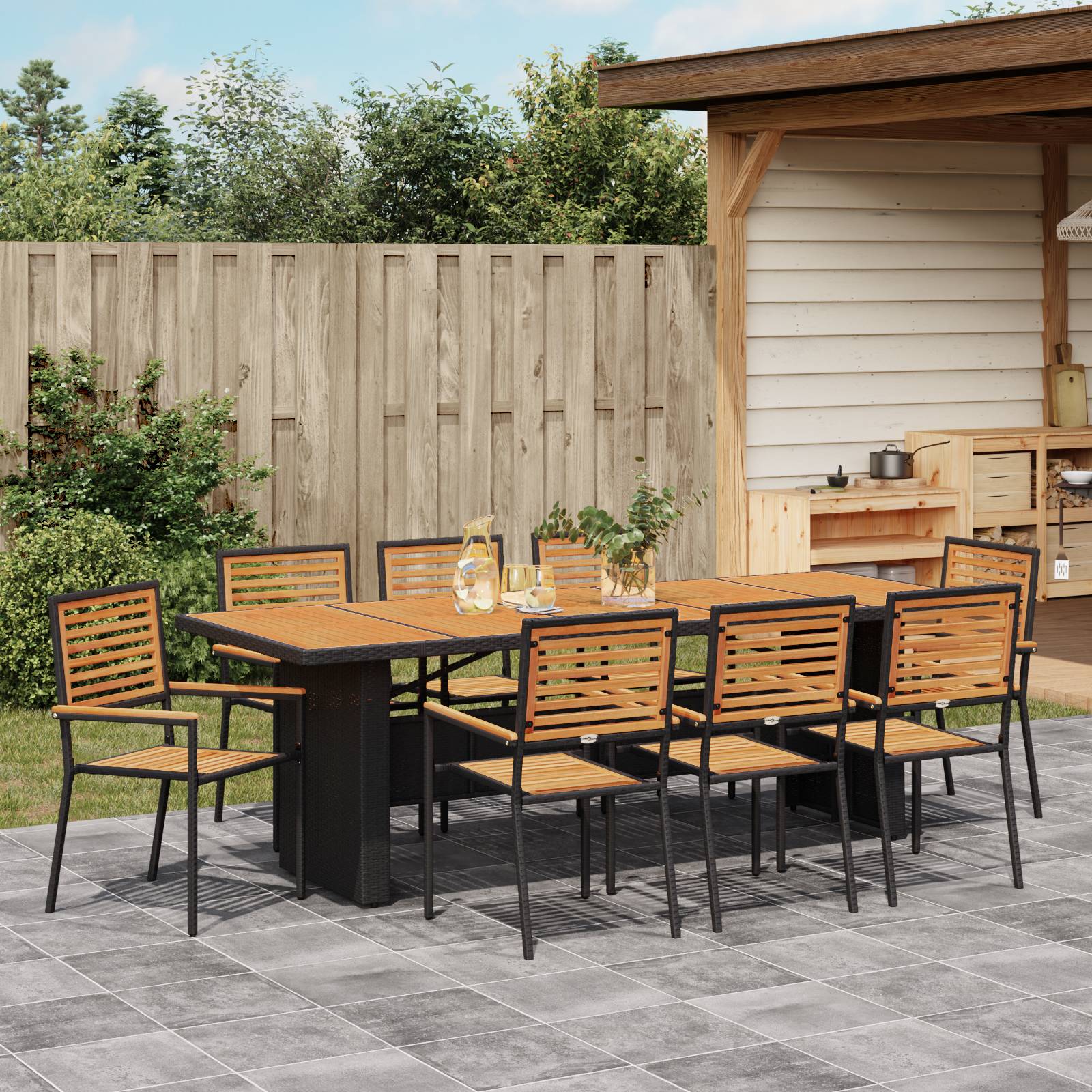 vidaXL 9-teiliges Garten Esstisch Set Schwarz Poly Rattan Akazie