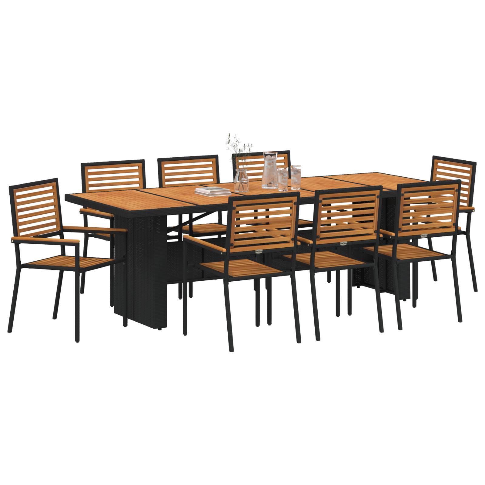 vidaXL 9-teiliges Garten Esstisch Set Schwarz Poly Rattan Akazie
