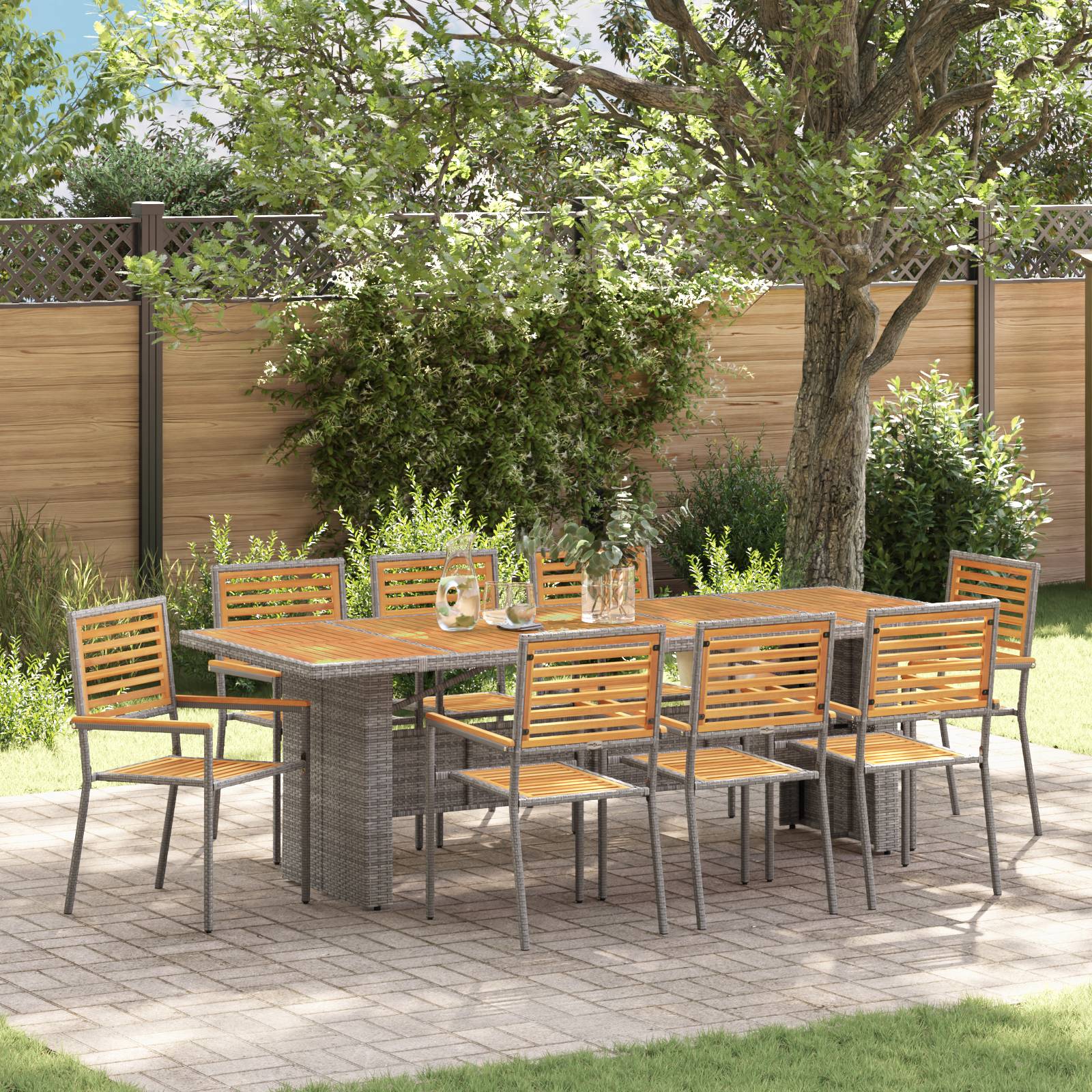 vidaXL 9-teilige Garten Esstisch-Set Grau Poly Rattan Akazie