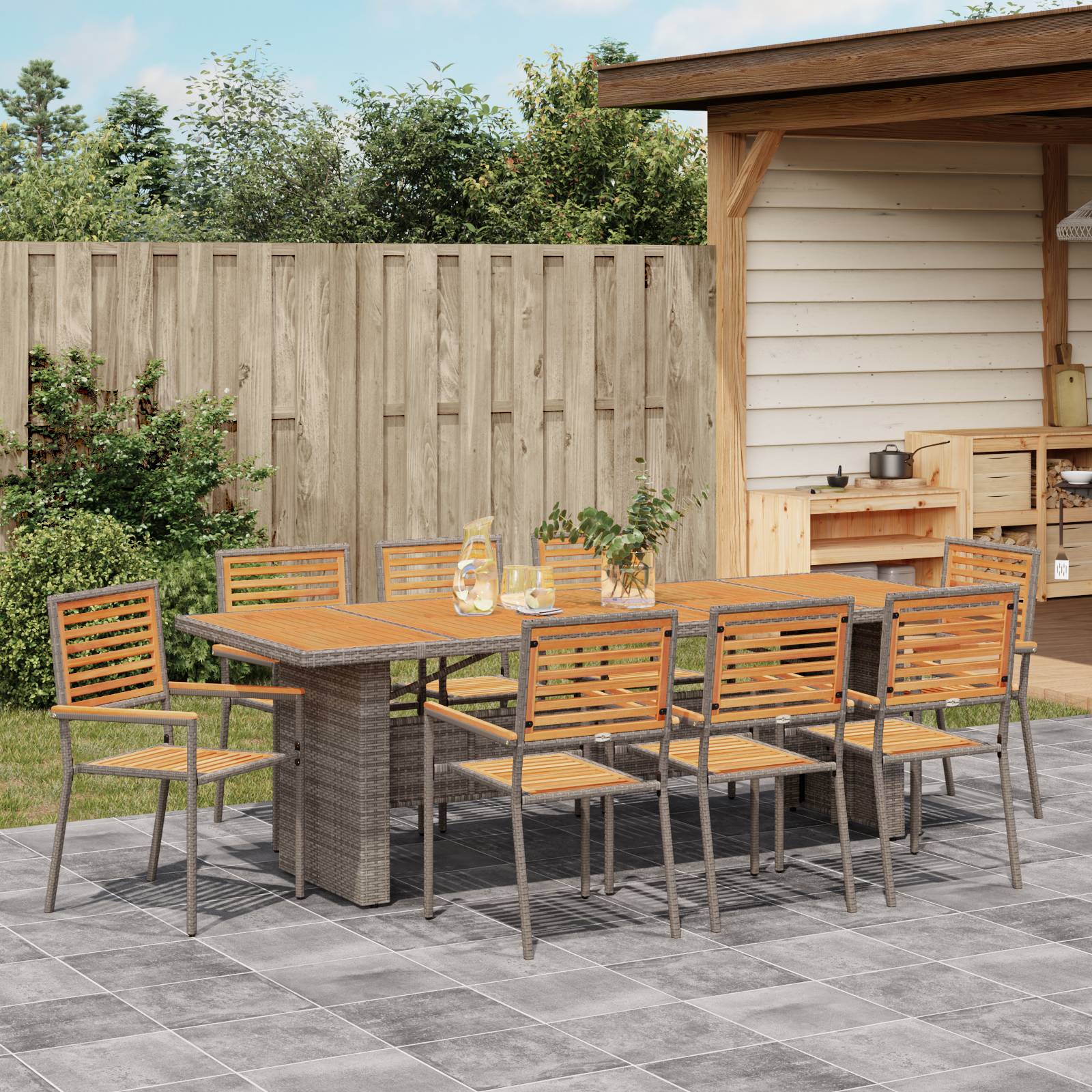 vidaXL 9-teilige Garten Esstisch-Set Grau Poly Rattan Akazie