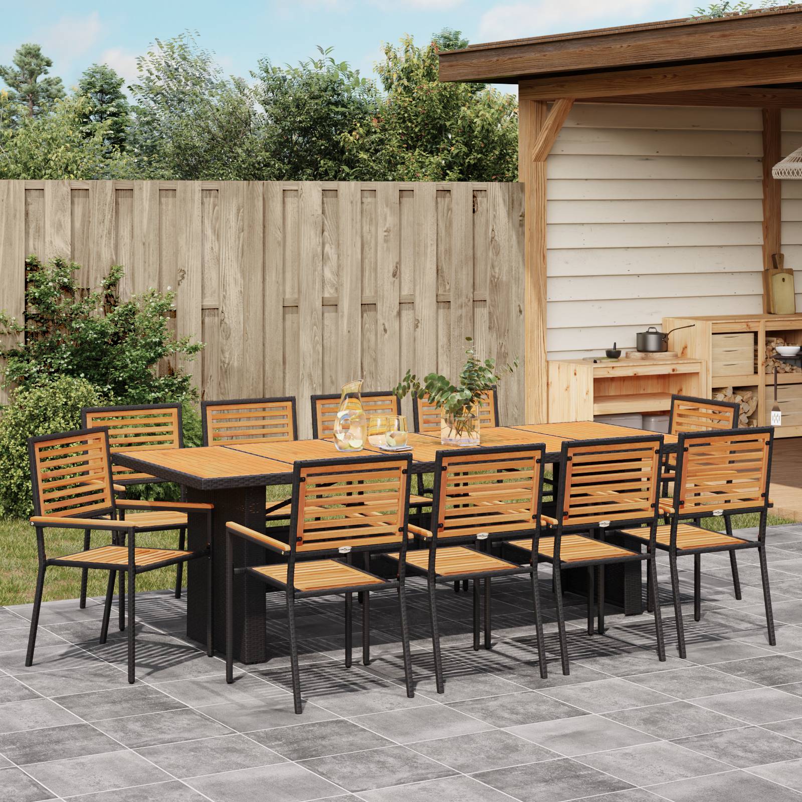 vidaXL 11-teilige Garten Essgruppe Schwarz Poly-Rattan Akazie
