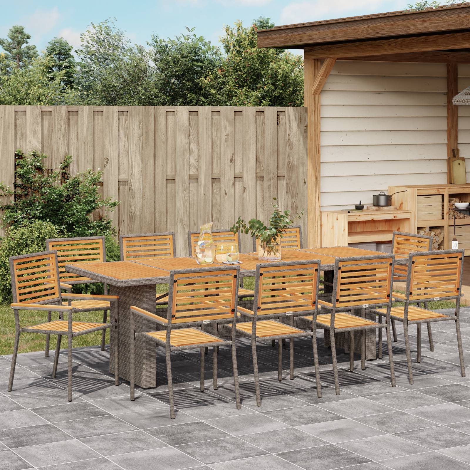 vidaXL 11-teiliges Garten Esszimmer Set Grau Poly Rattan Akazie