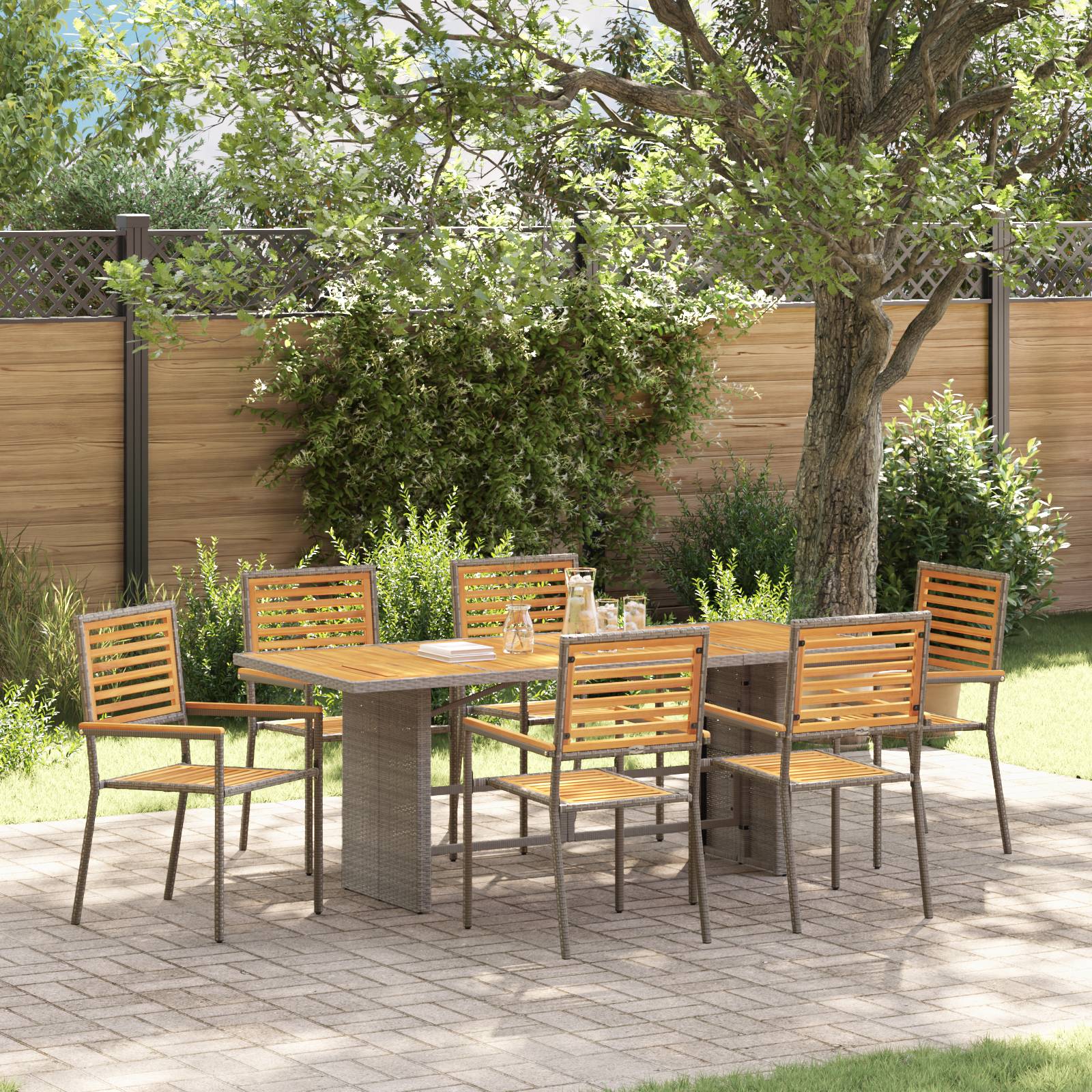 vidaXL 7-teiliges Garten Essset Grau Poly Rattan Akazie