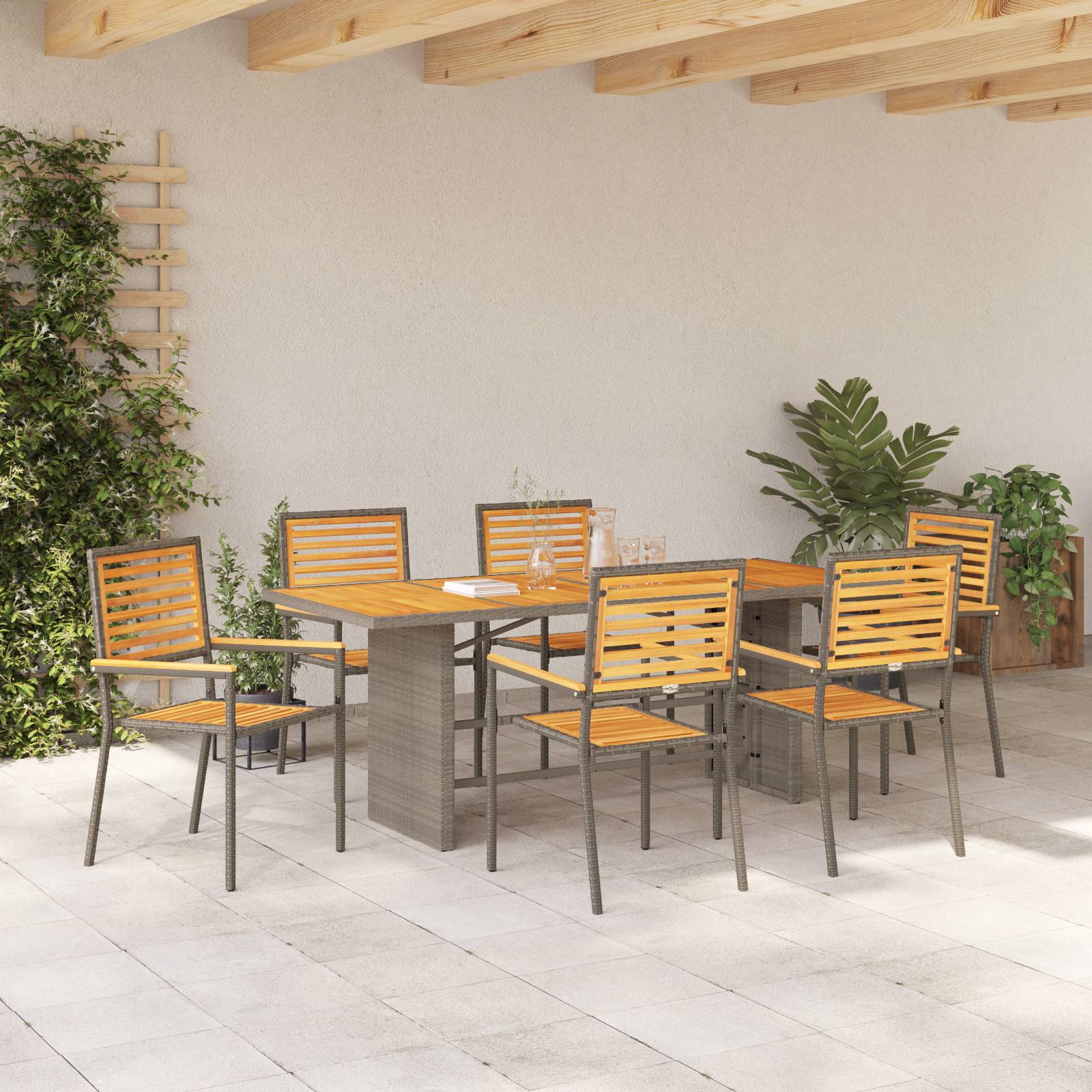 vidaXL 7-teiliges Garten Essset Grau Poly Rattan Akazie