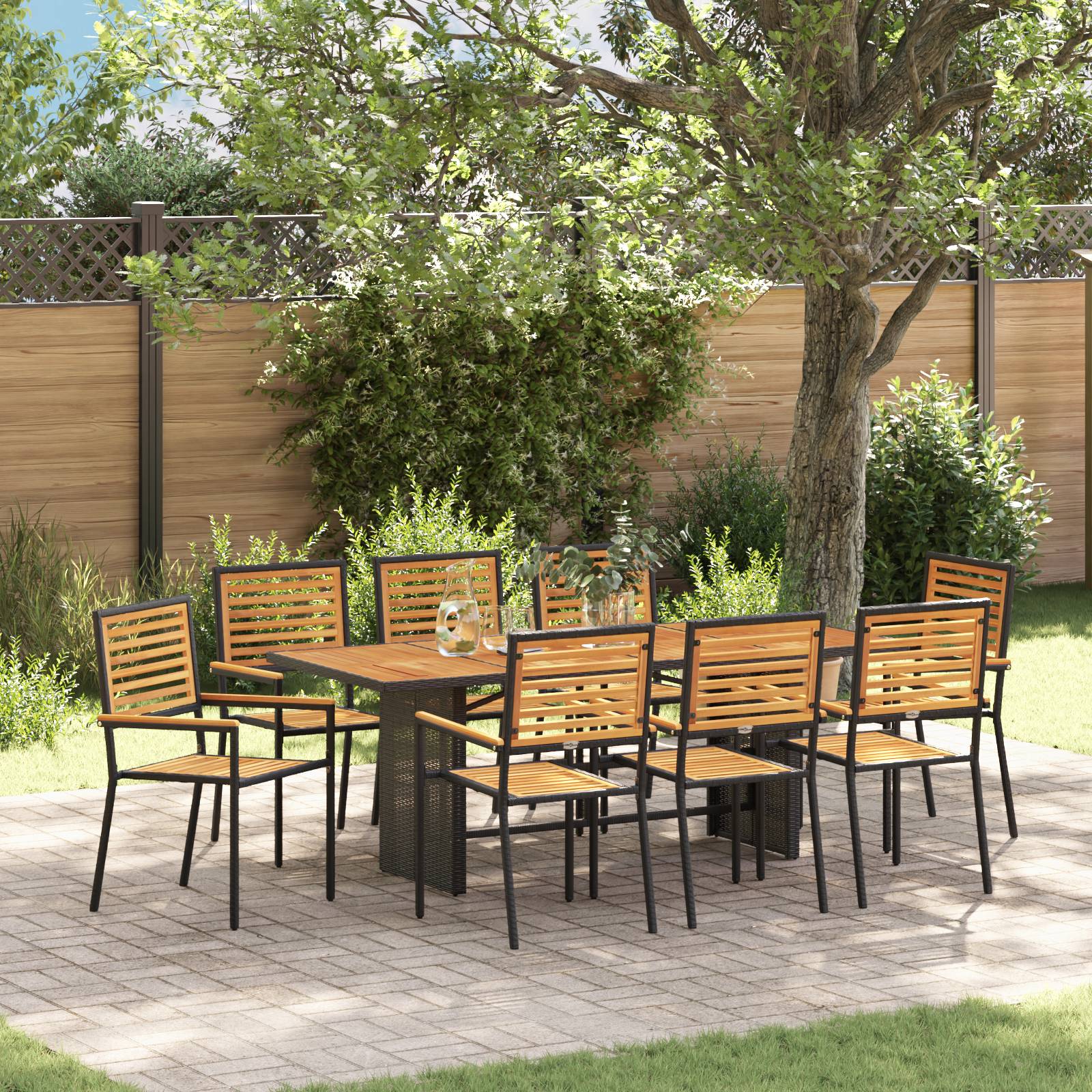 vidaXL 9-teiliges Garten Essset Schwarz Poly Rattan Akazie