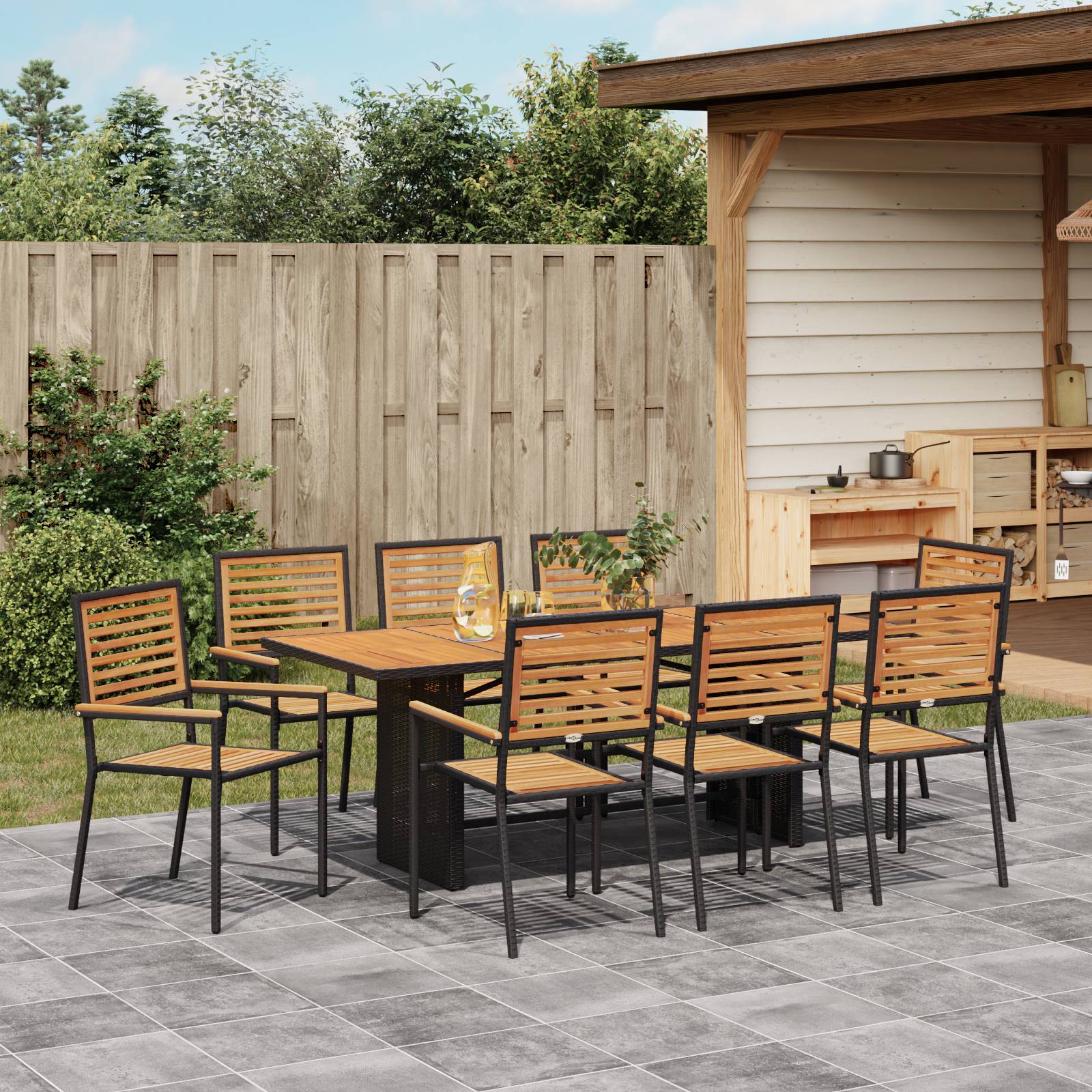 vidaXL 9-teiliges Garten Essset Schwarz Poly Rattan Akazie