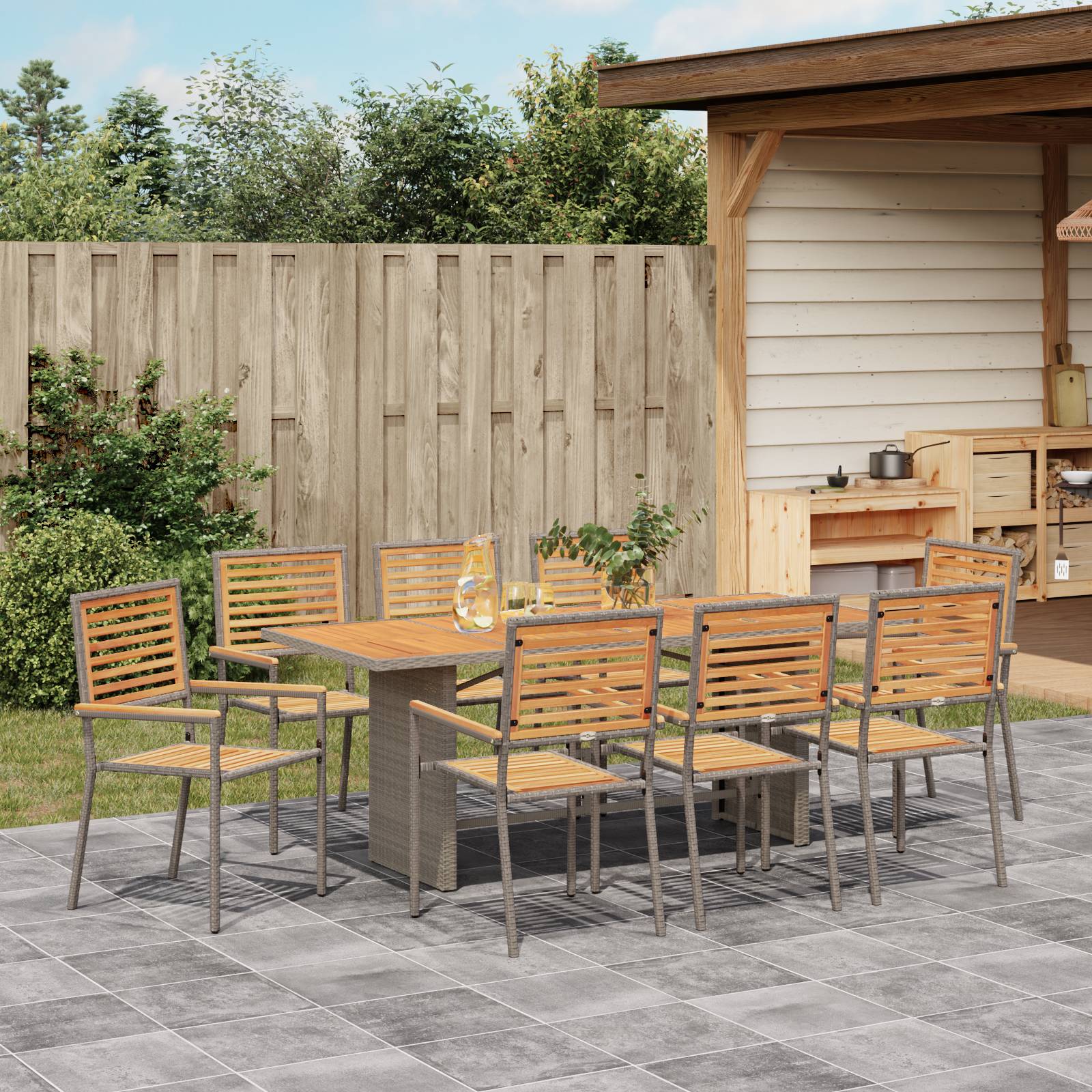 vidaXL 9-teilige Garten Essgruppe Graues Poly-Rattan Akazie