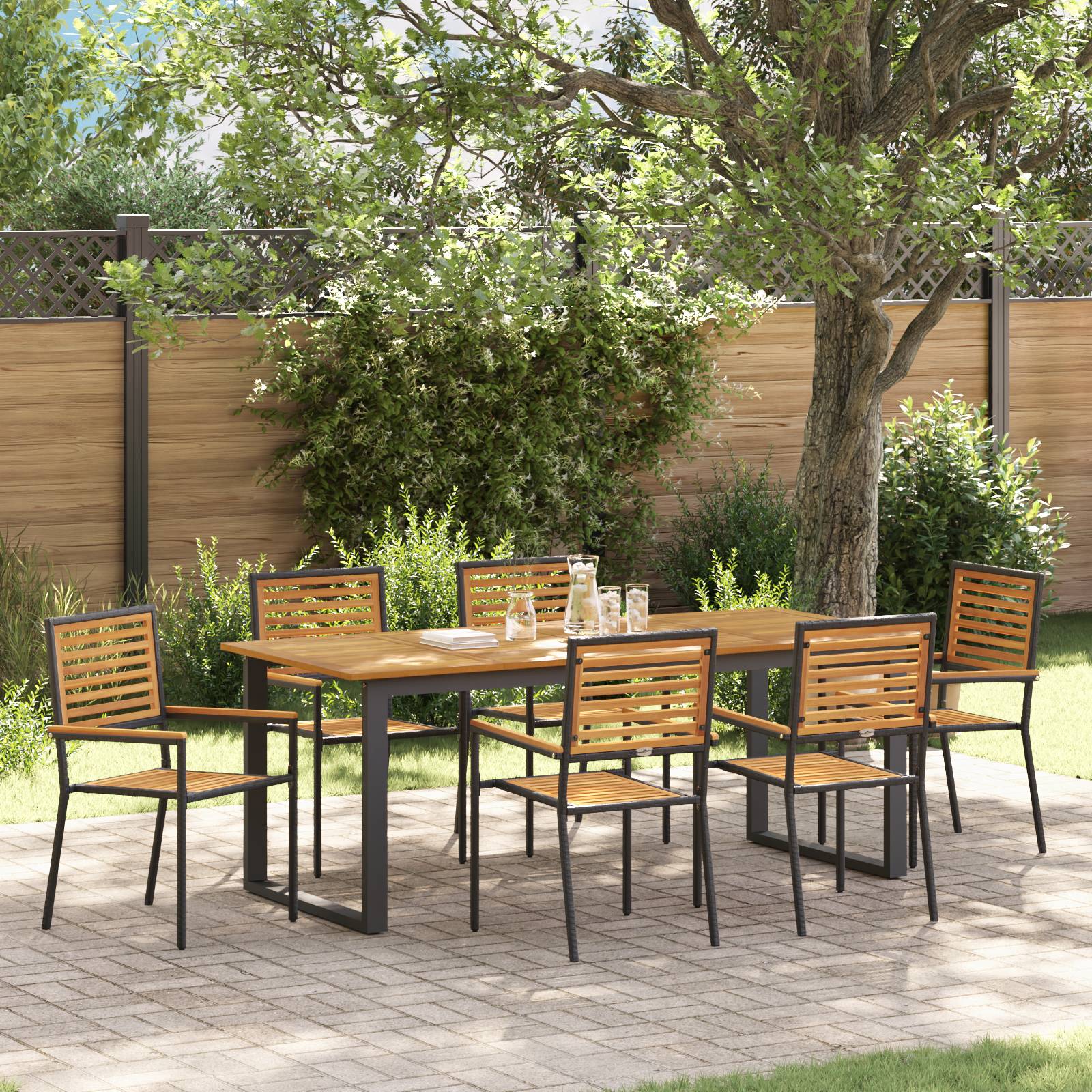 vidaXL 7-teiliges Garten Esszimmer Set Schwarz Poly-Rattan Akazie