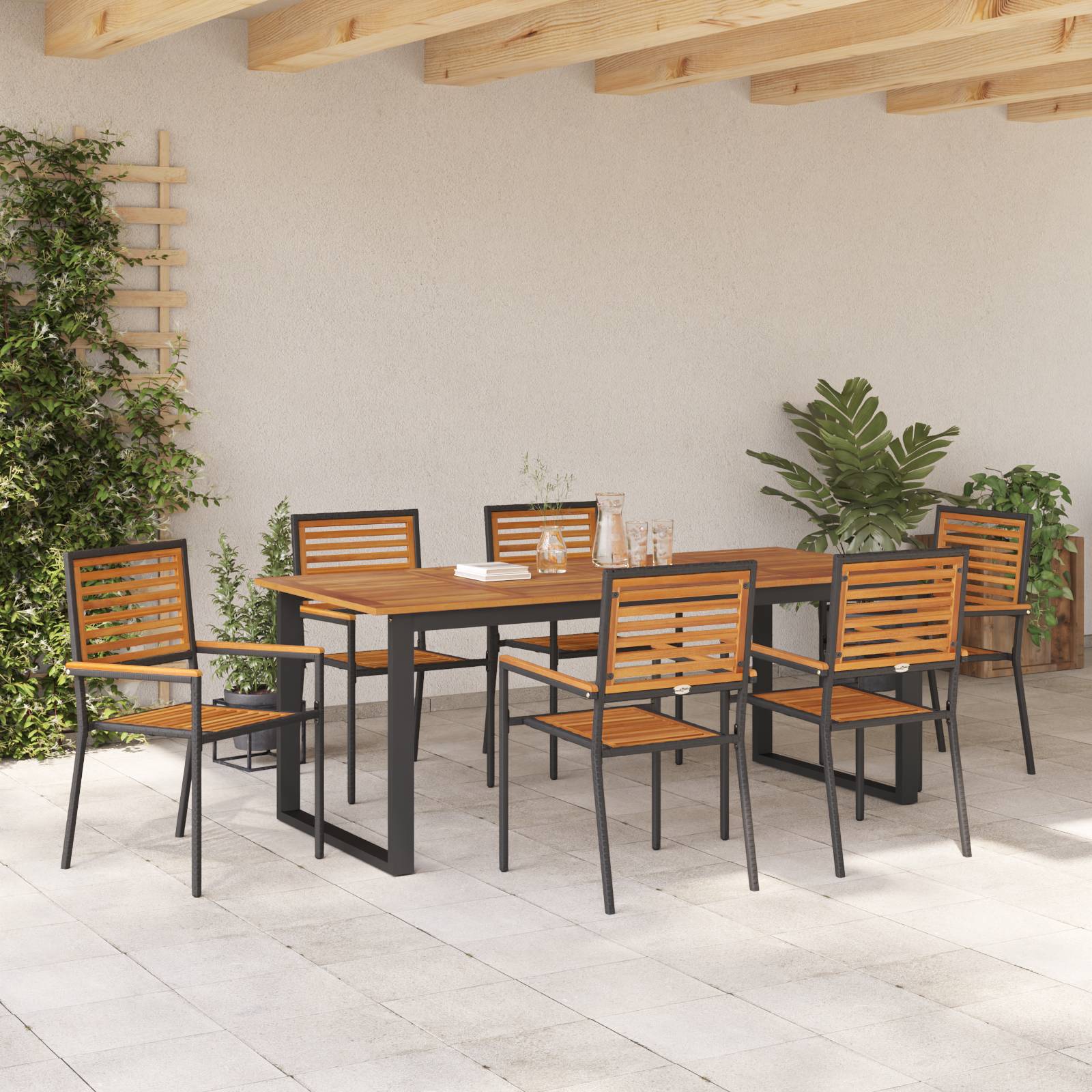 vidaXL 7-teiliges Garten Esszimmer Set Schwarz Poly-Rattan Akazie