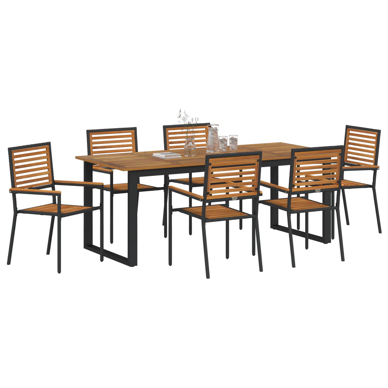 vidaXL 7-teiliges Garten Esszimmer Set Schwarz Poly-Rattan Akazie