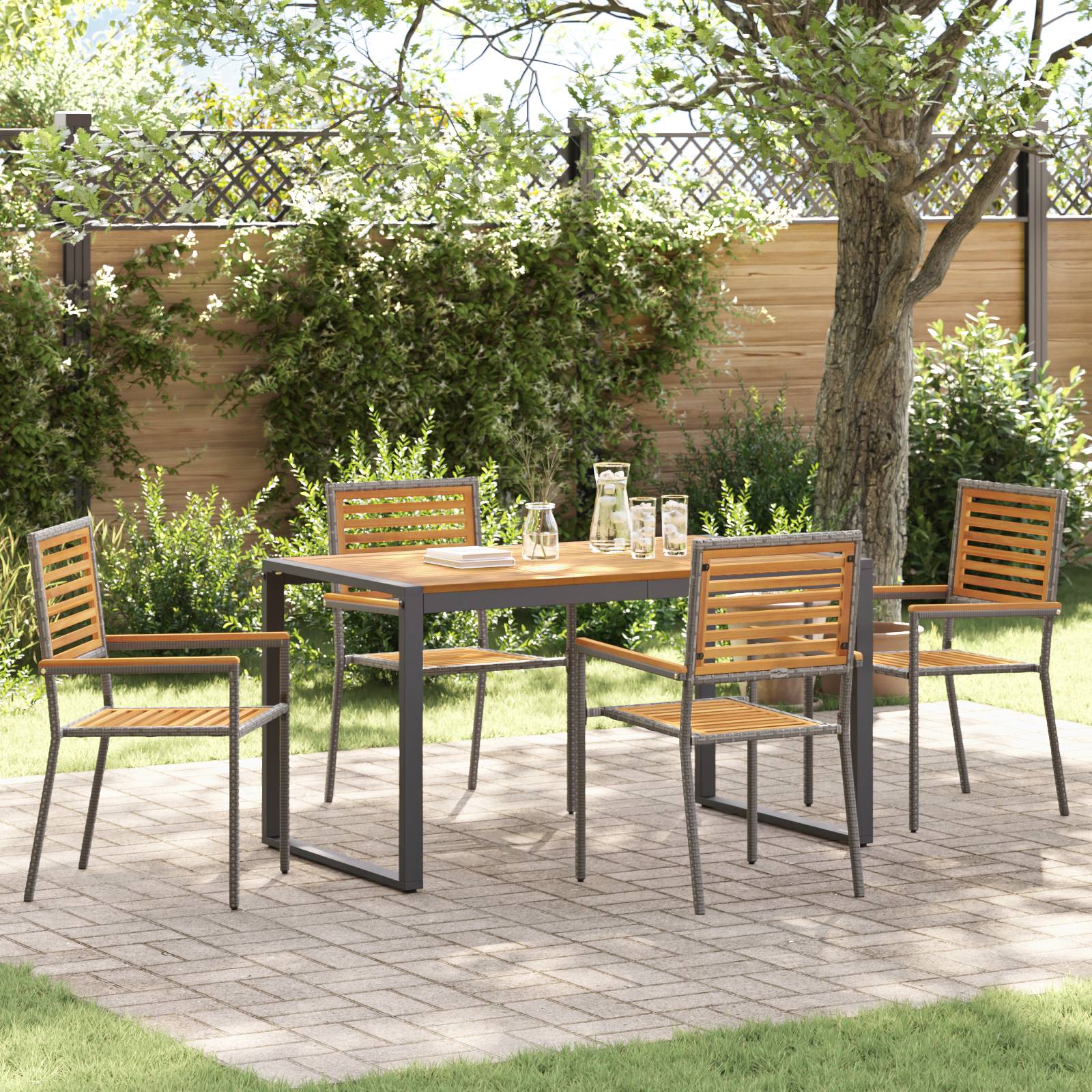 vidaXL 5-teiliges Garten Esstischset Grau Poly Rattan Akazie