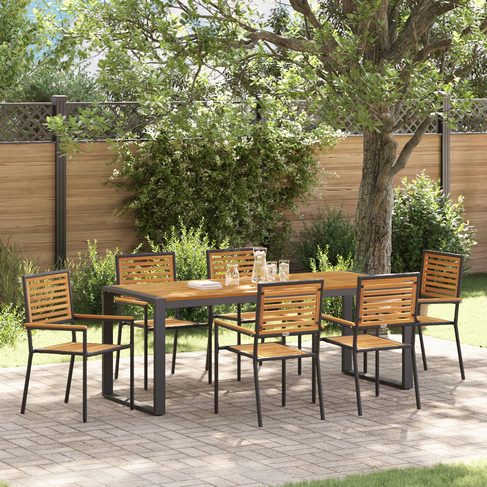 vidaXL 7 Teile Garten Essensemble Schwarz Poly Rattan Akazie