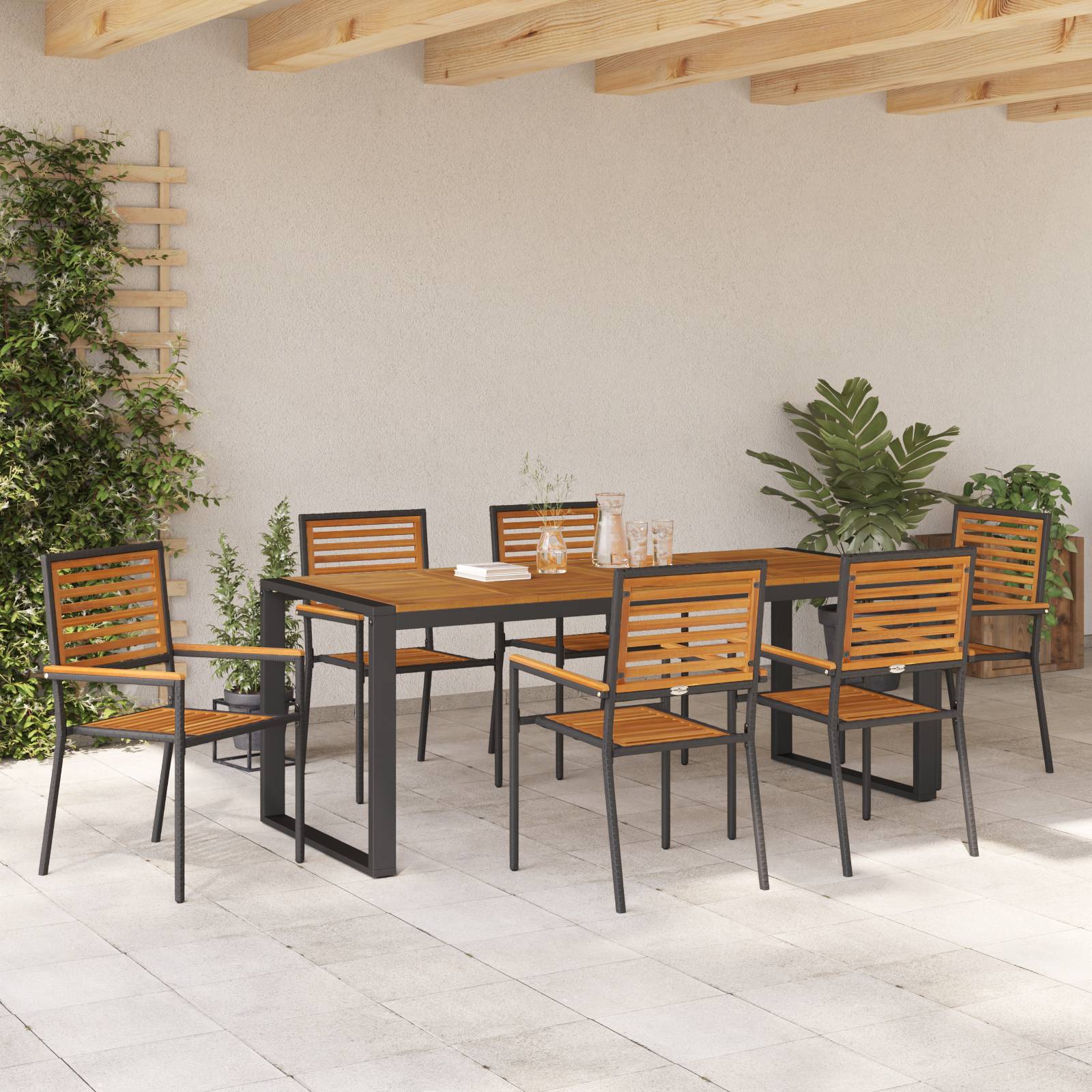 vidaXL 7 Teile Garten Essensemble Schwarz Poly Rattan Akazie
