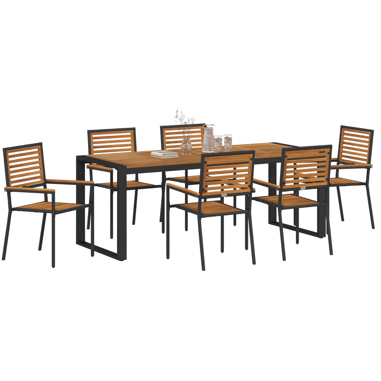vidaXL 7 Teile Garten Essensemble Schwarz Poly Rattan Akazie