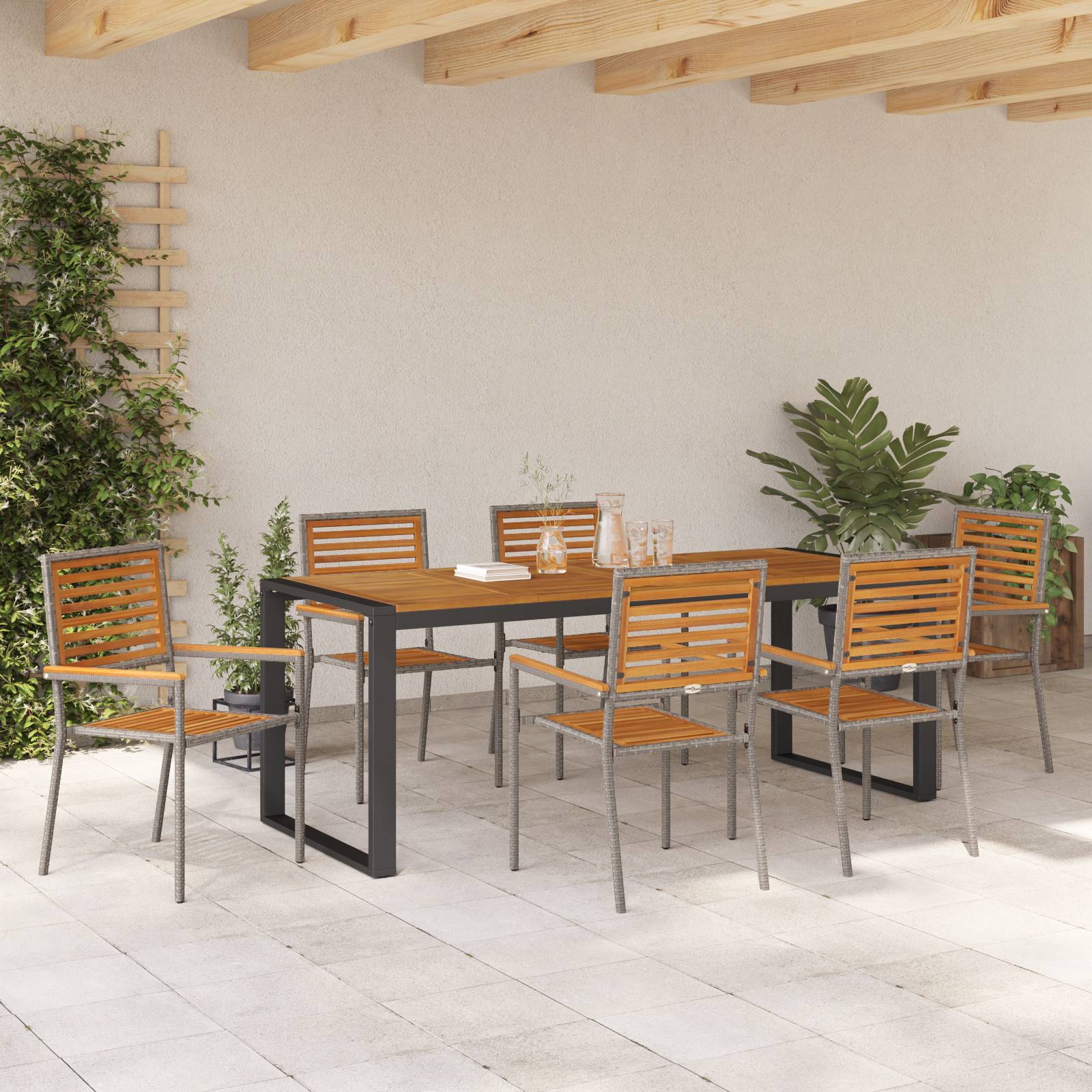 vidaXL 7-teiliges Garten Essset Grau Poly-Rattan Akazie