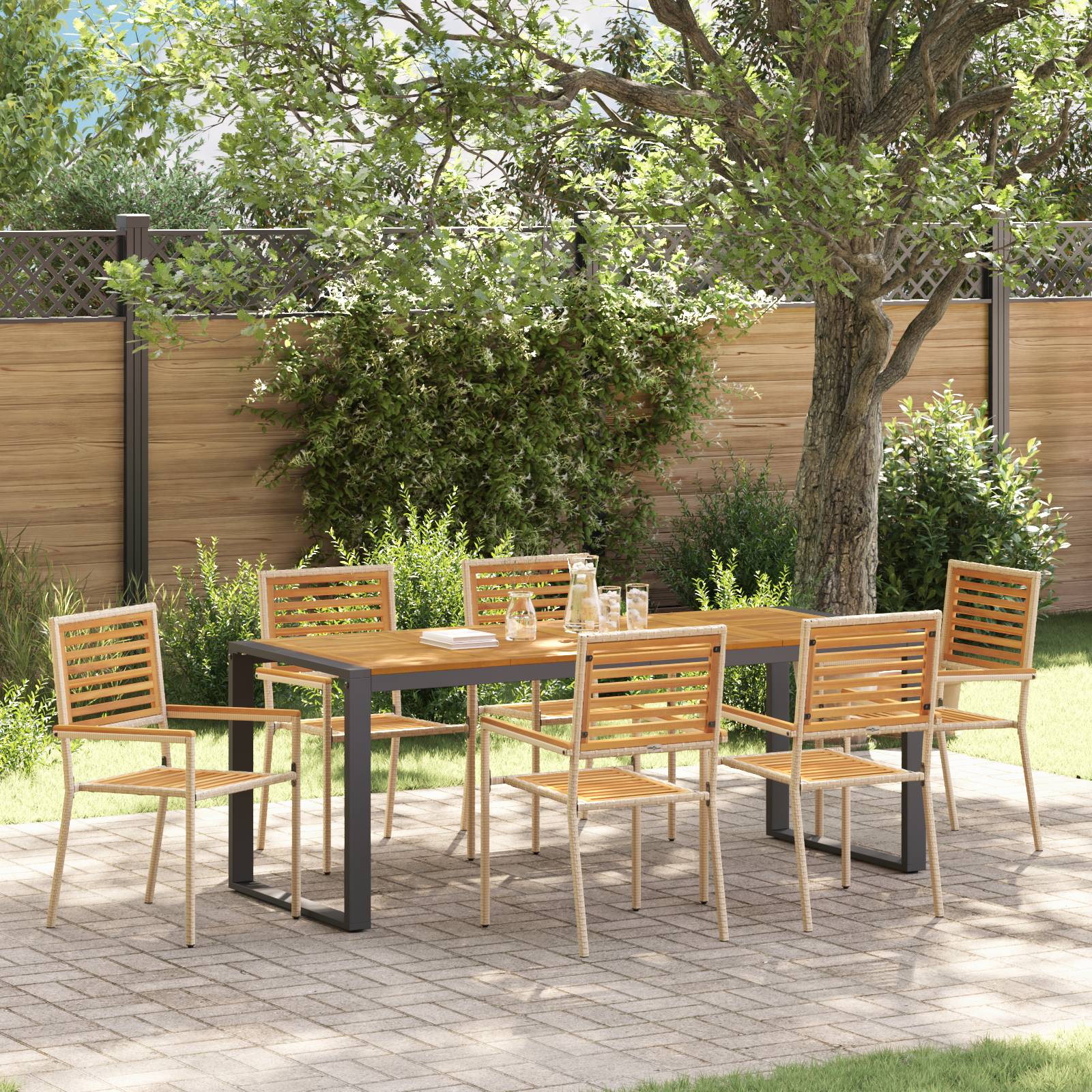 vidaXL 7-teiliges Garten Essset Beige Poly-Rattan Akazie