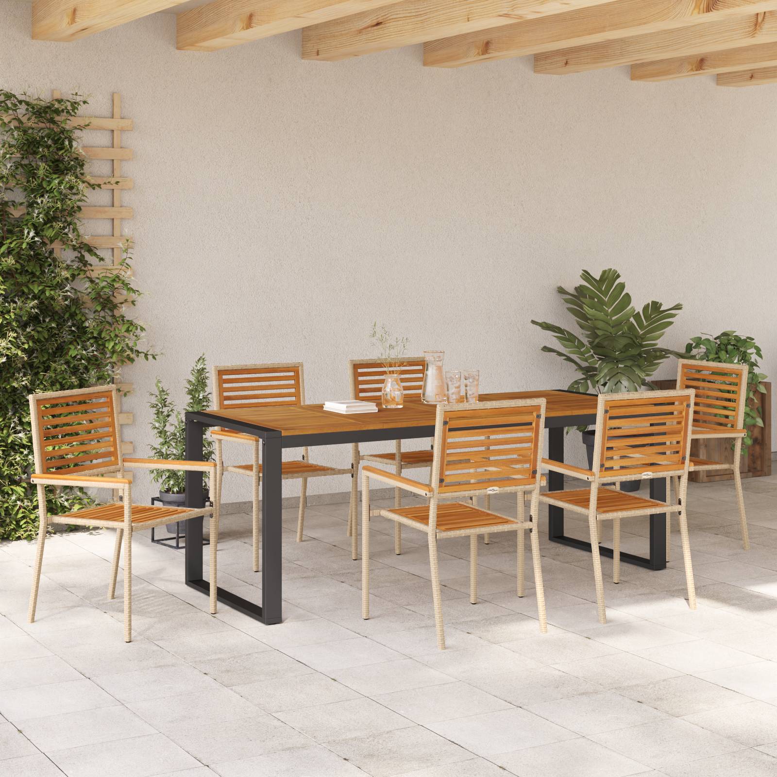 vidaXL 7-teiliges Garten Essset Beige Poly-Rattan Akazie