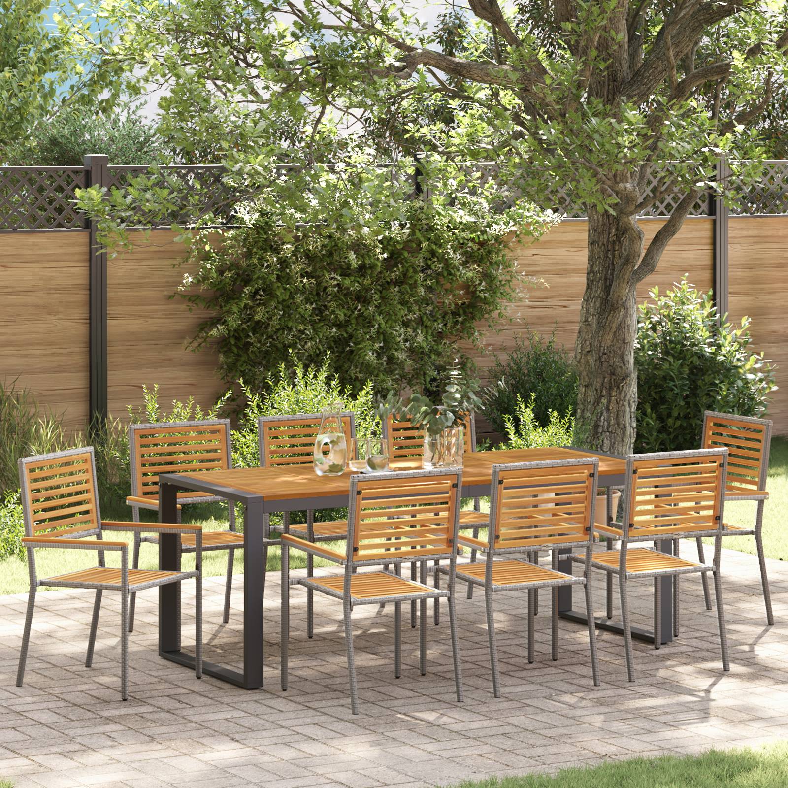 vidaXL 9-teiliges Garten Esszimmer Set Grau Poly-Rattan Akazie