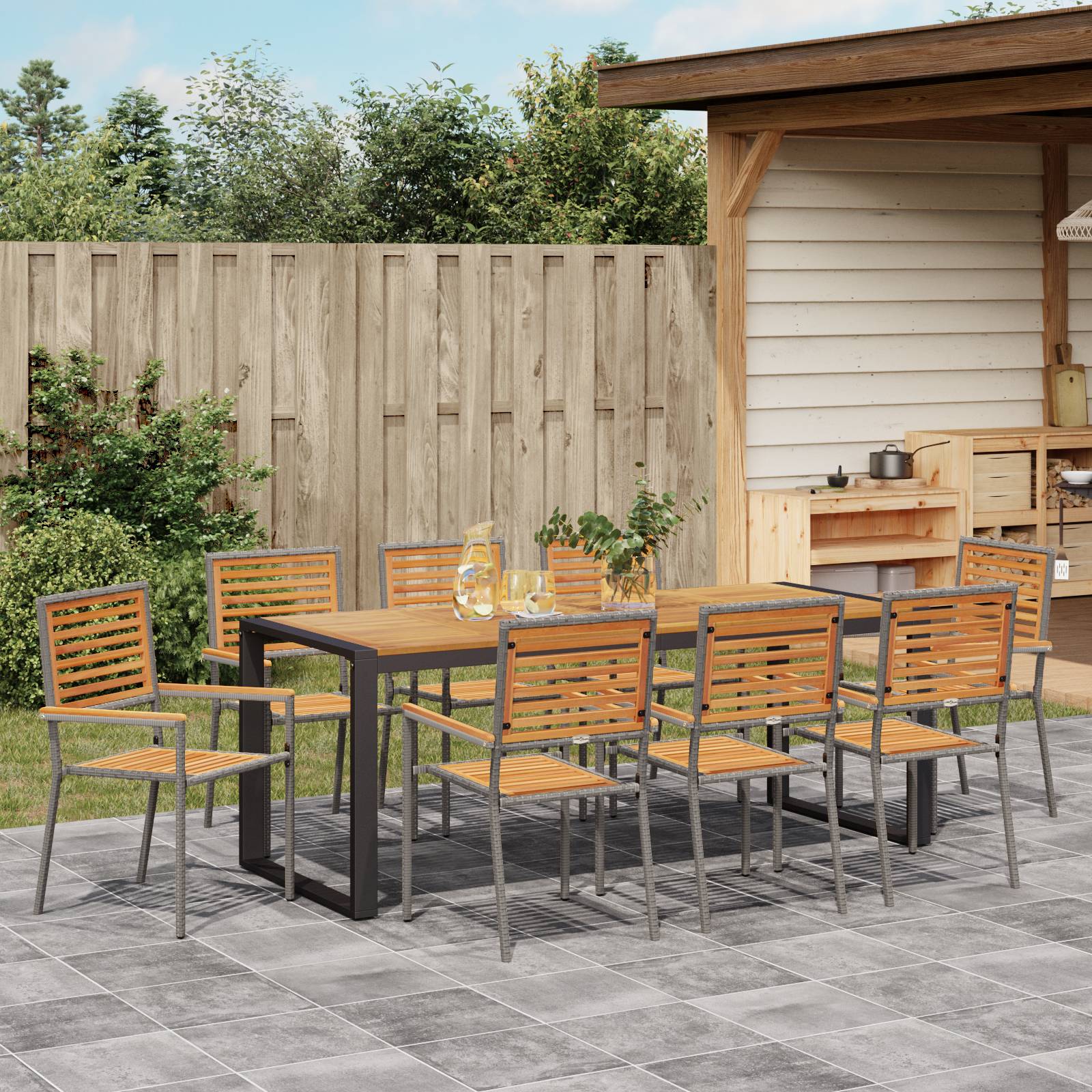 vidaXL 9-teiliges Garten Esszimmer Set Grau Poly-Rattan Akazie