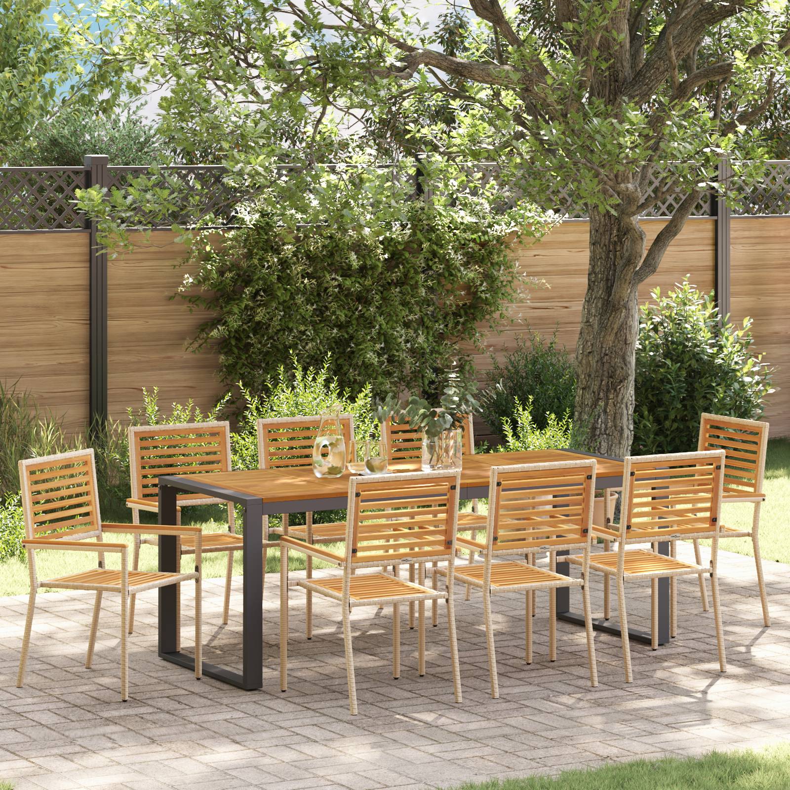 vidaXL 9 Teile Garten Esstischset Beige Poly Rattan Akazie