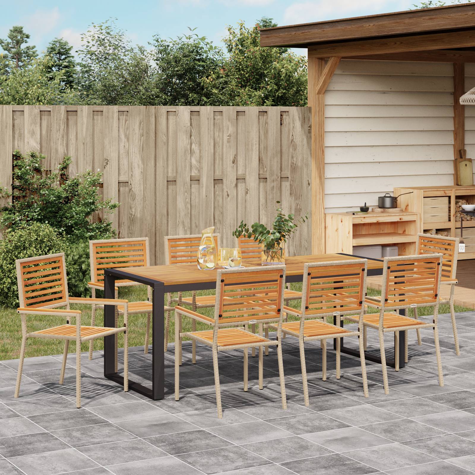 vidaXL 9 Teile Garten Esstischset Beige Poly Rattan Akazie