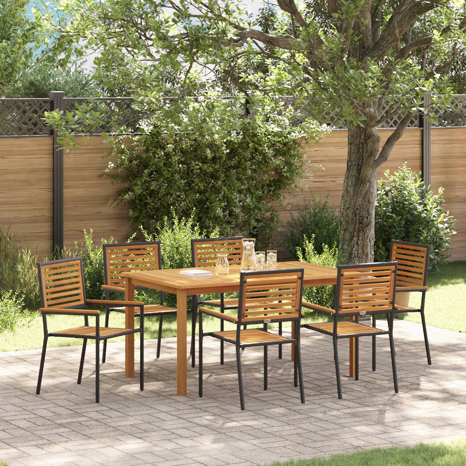 vidaXL 7-teilige Garten-Essgruppe Schwarz Poly-Rattan Akazie