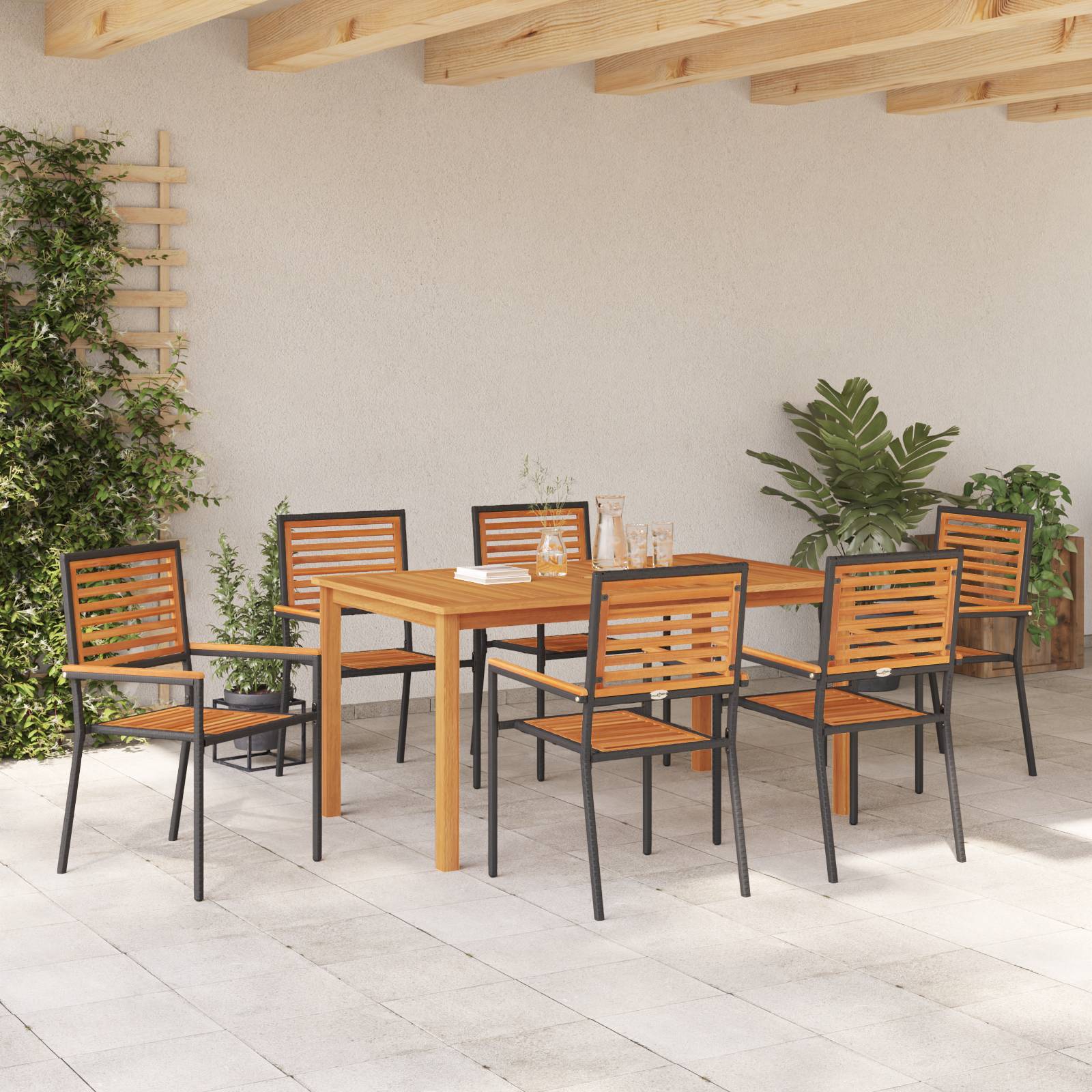 vidaXL 7-teilige Garten-Essgruppe Schwarz Poly-Rattan Akazie