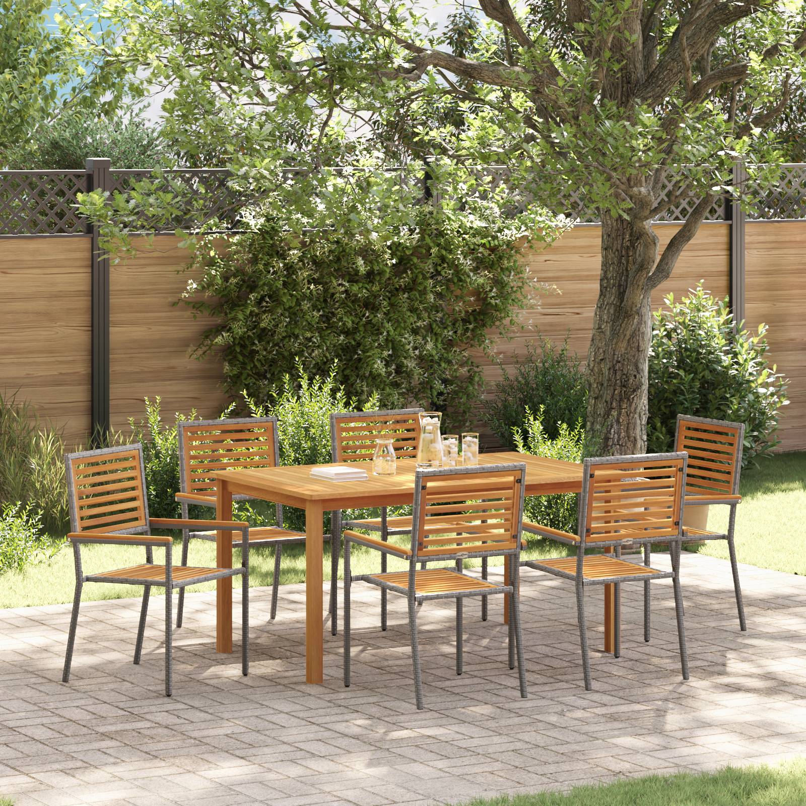 vidaXL 7-teiliges Garten-Essset Grau Poly Rattan Akazie