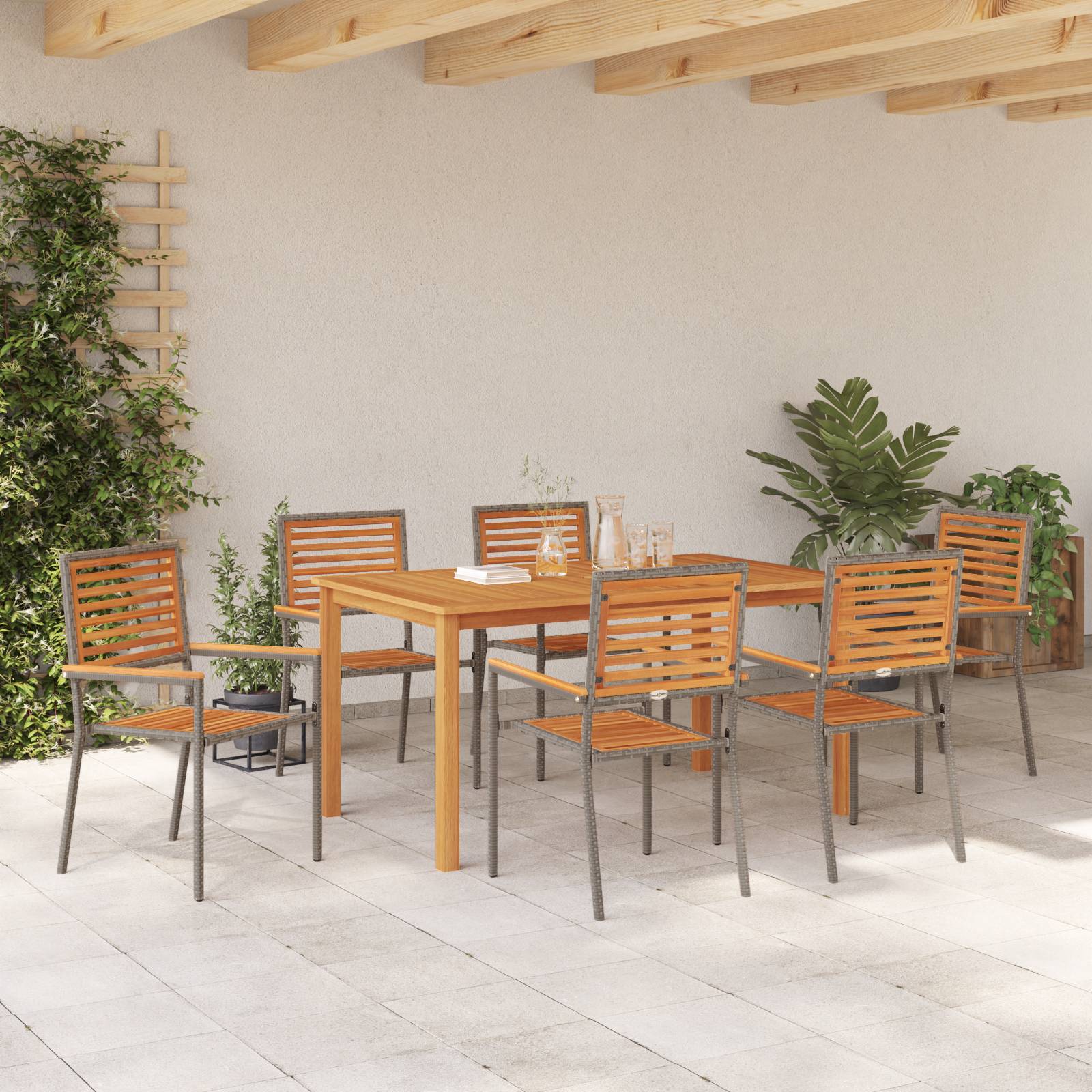 vidaXL 7-teiliges Garten-Essset Grau Poly Rattan Akazie