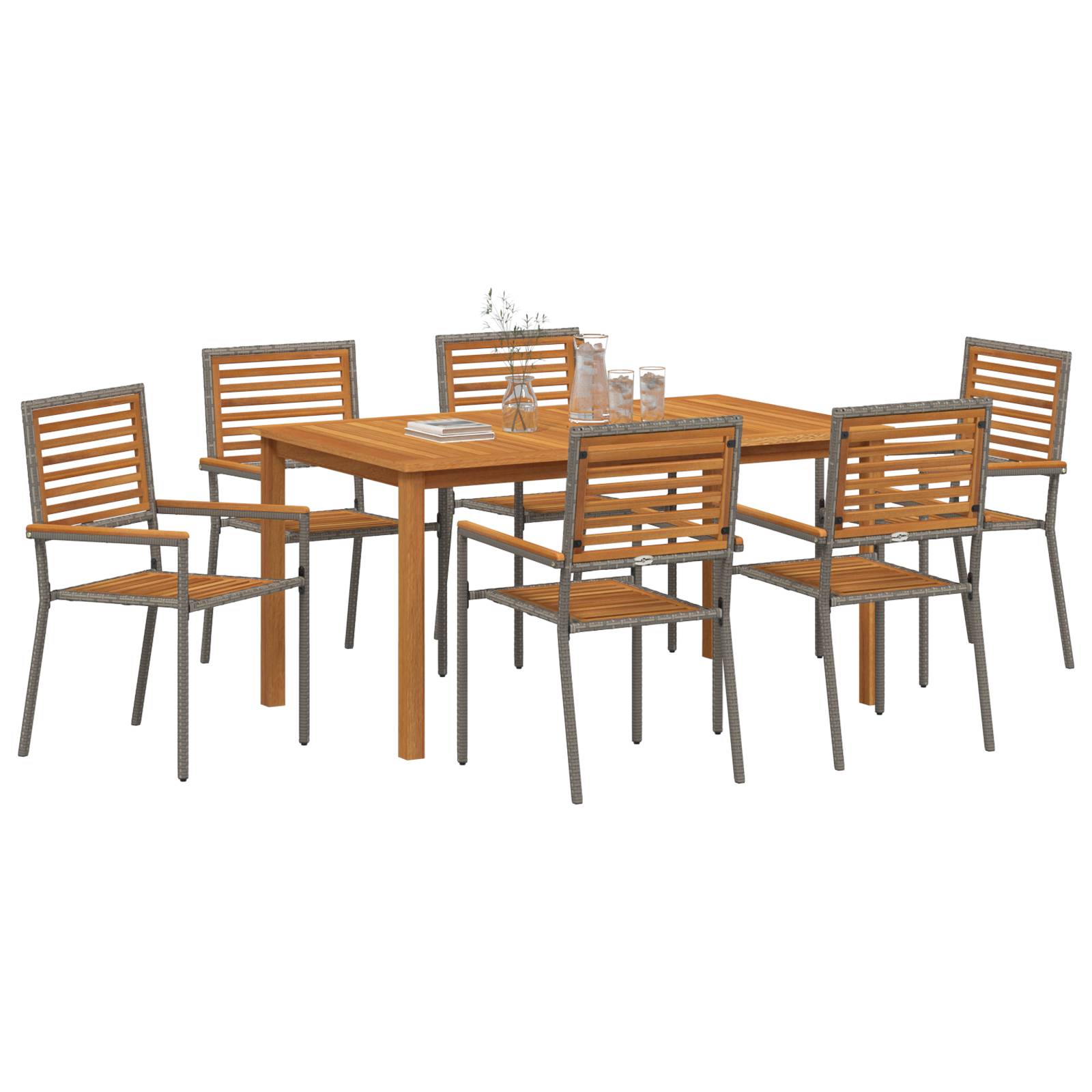 vidaXL 7-teiliges Garten-Essset Grau Poly Rattan Akazie