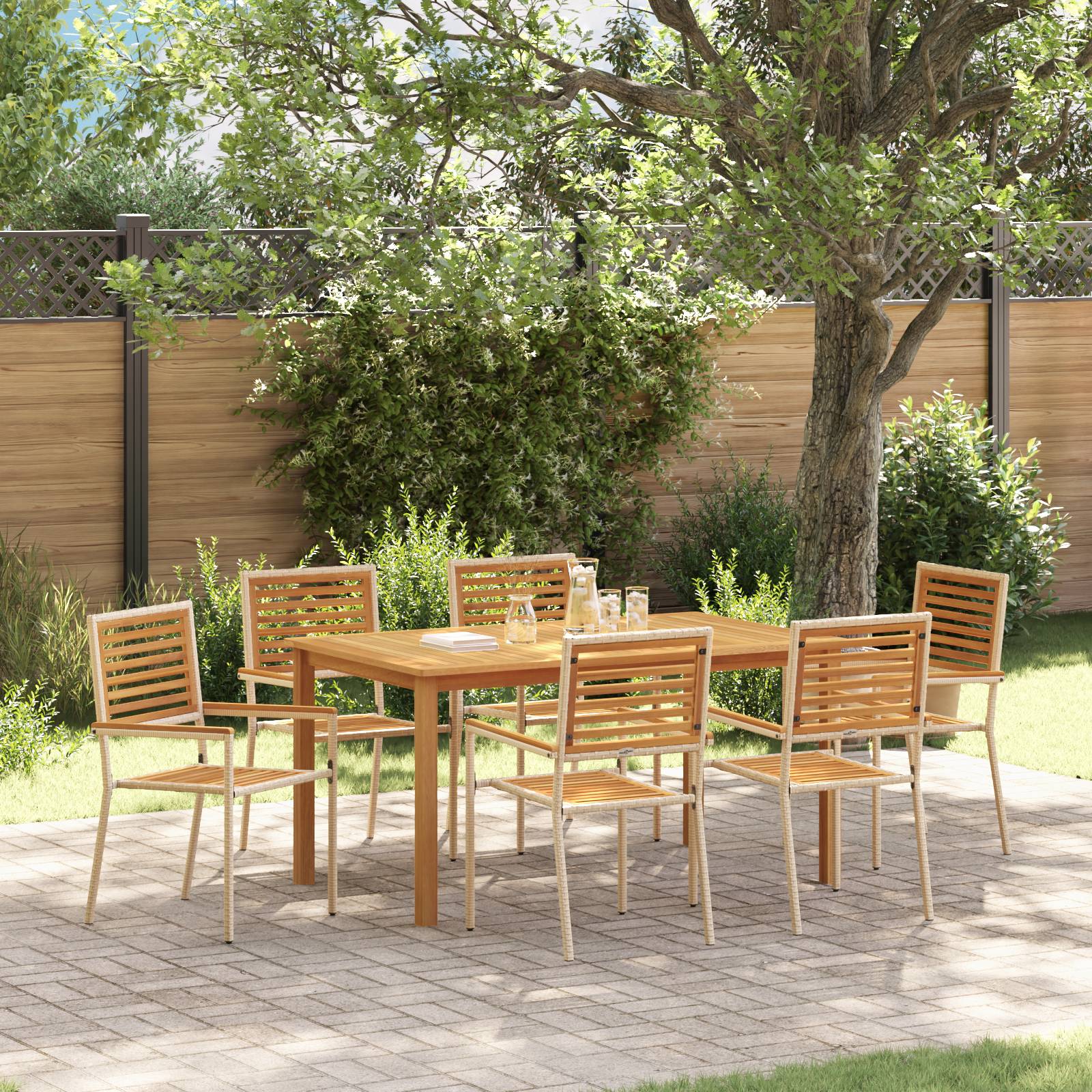 vidaXL 7-teilige Garten-Essgruppe Beige Poly Rattan Akazie