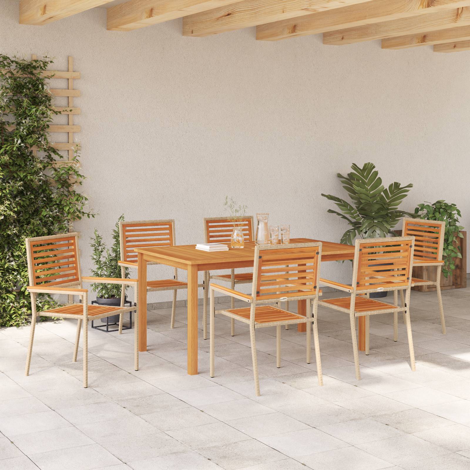 vidaXL 7-teilige Garten-Essgruppe Beige Poly Rattan Akazie