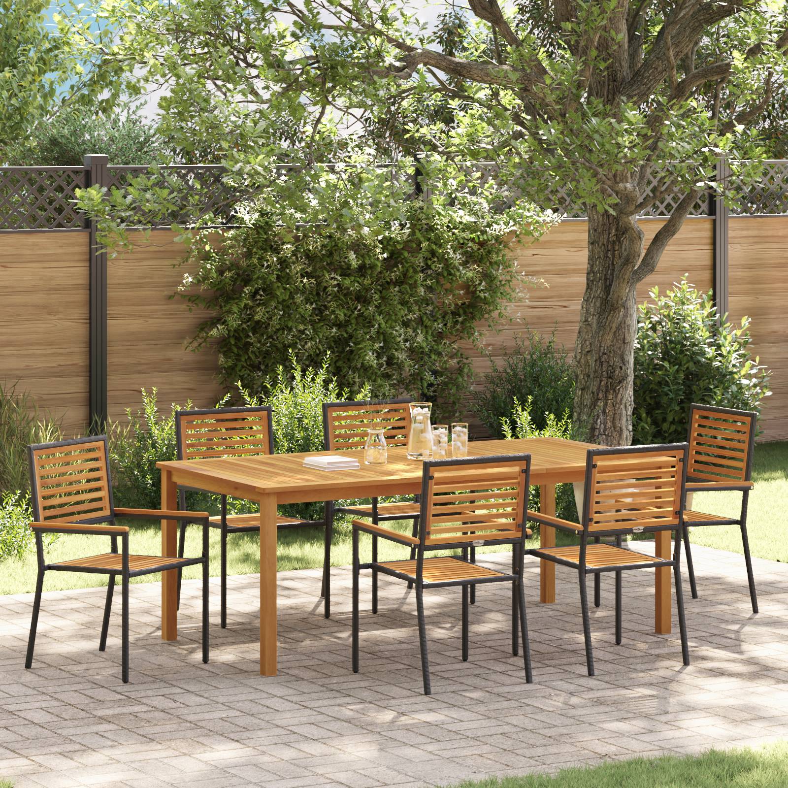 vidaXL 7-teiliges Garten-Esszimmer Set Schwarz Polyrattan Akazie