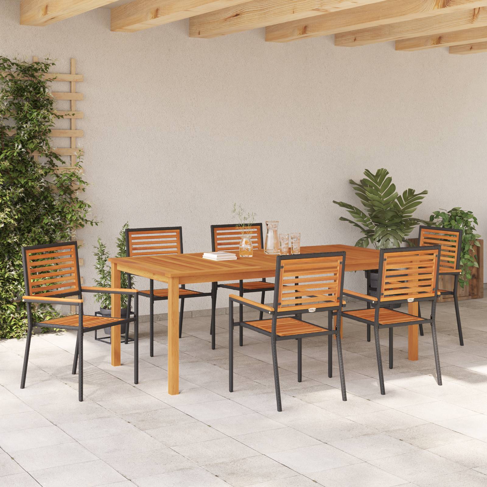 vidaXL 7-teiliges Garten-Esszimmer Set Schwarz Polyrattan Akazie