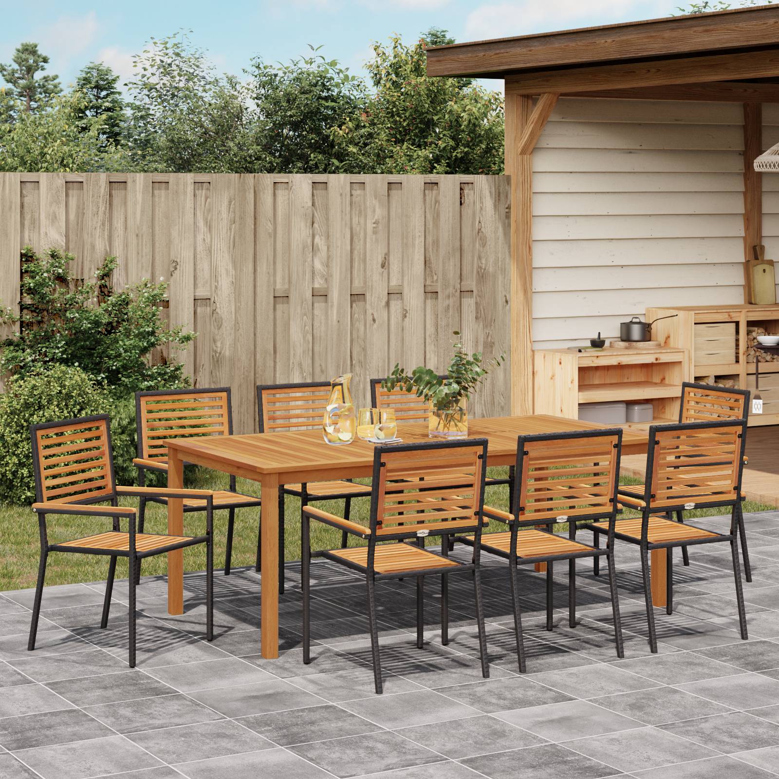 vidaXL 9-teilige Garten Esstischgruppe Schwarz Poly Rattan Akazie