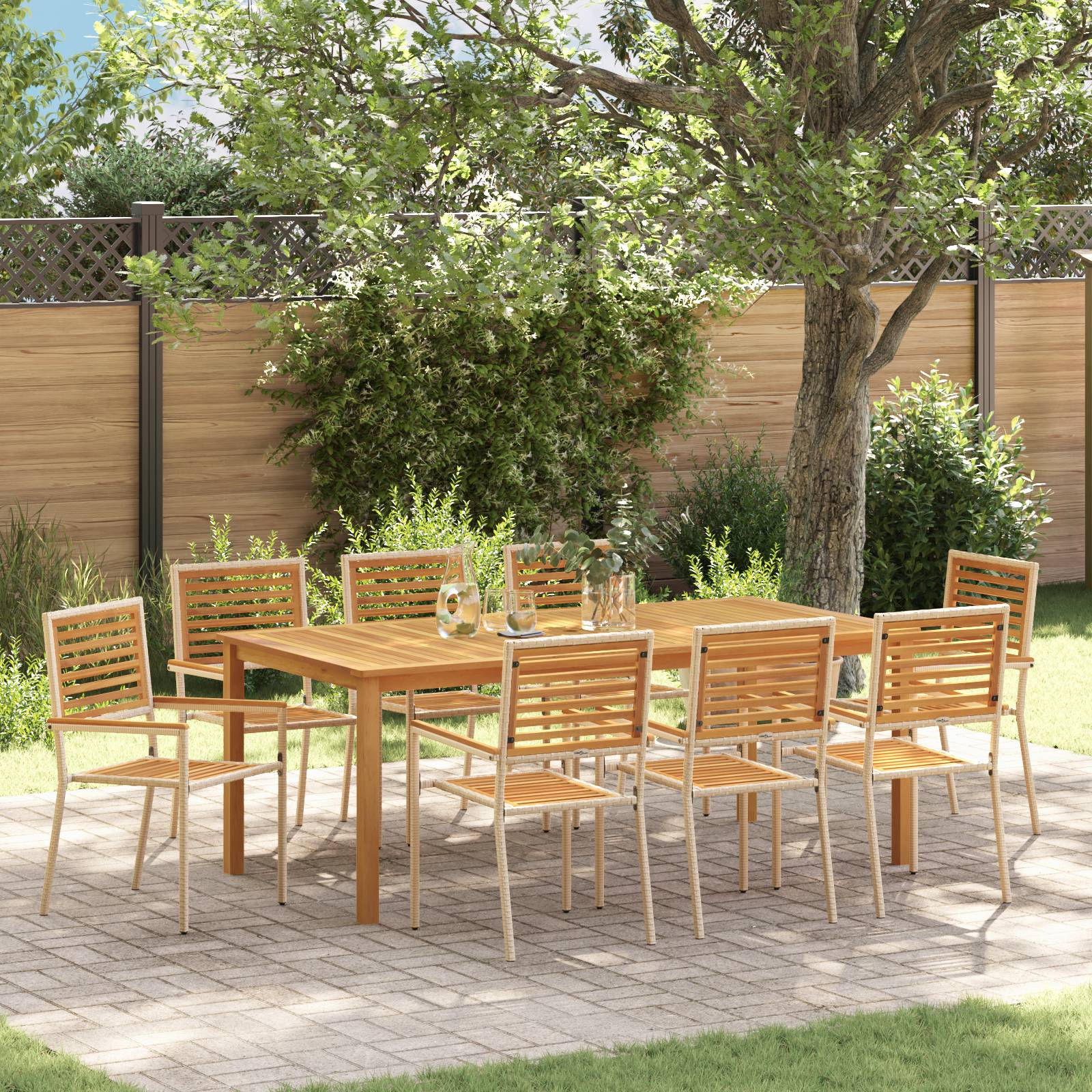 vidaXL 9-teiliges Garten-Essset Beige Poly Rattan Akazie