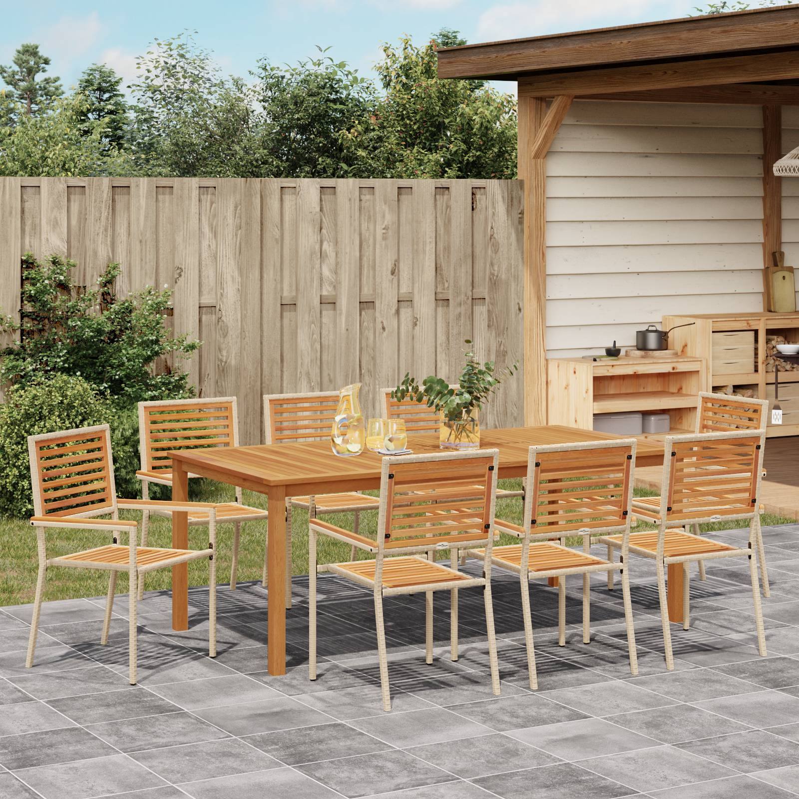 vidaXL 9-teiliges Garten-Essset Beige Poly Rattan Akazie