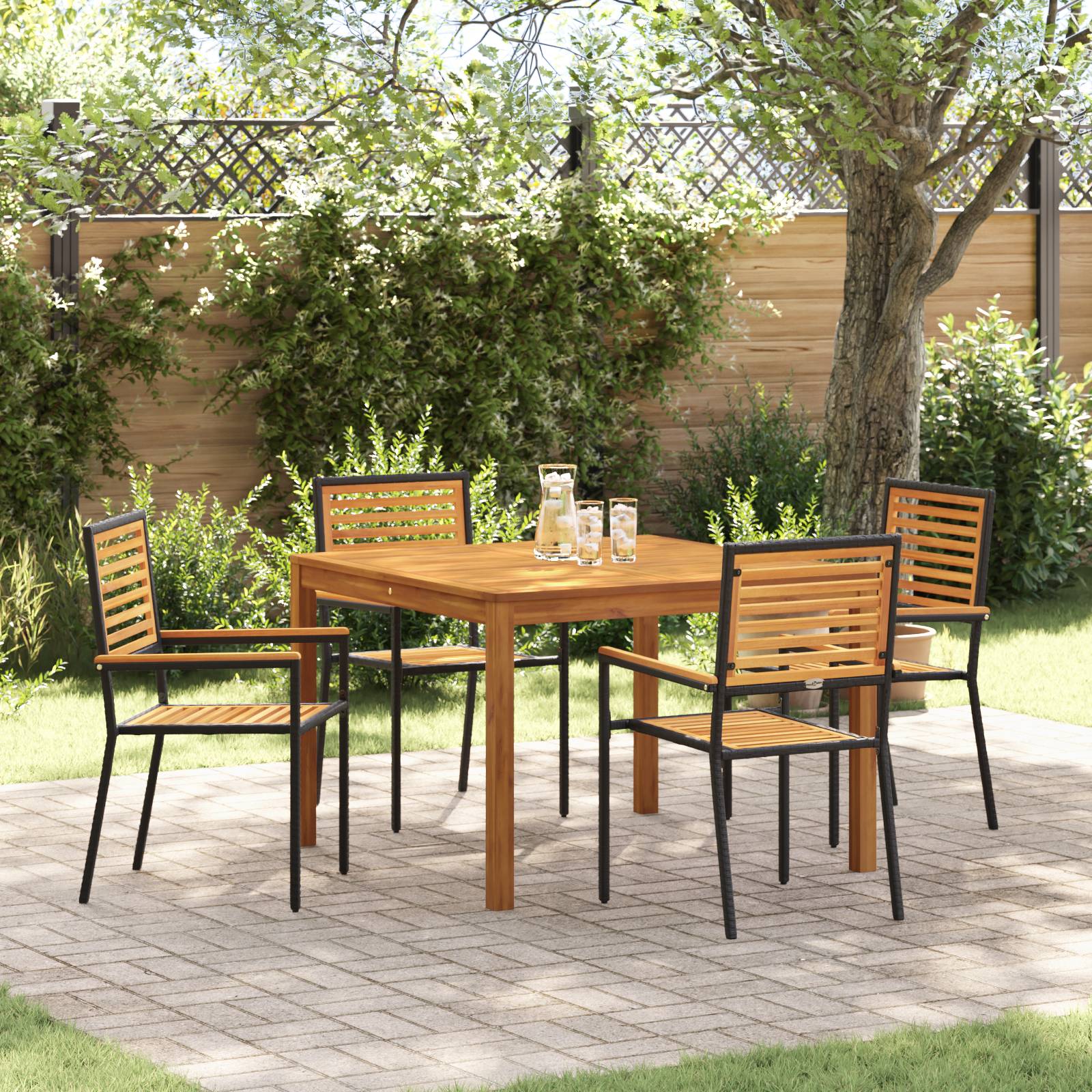 vidaXL 5-teiliges Garten Esszimmer Set Schwarzes Poly Rattan Akazie