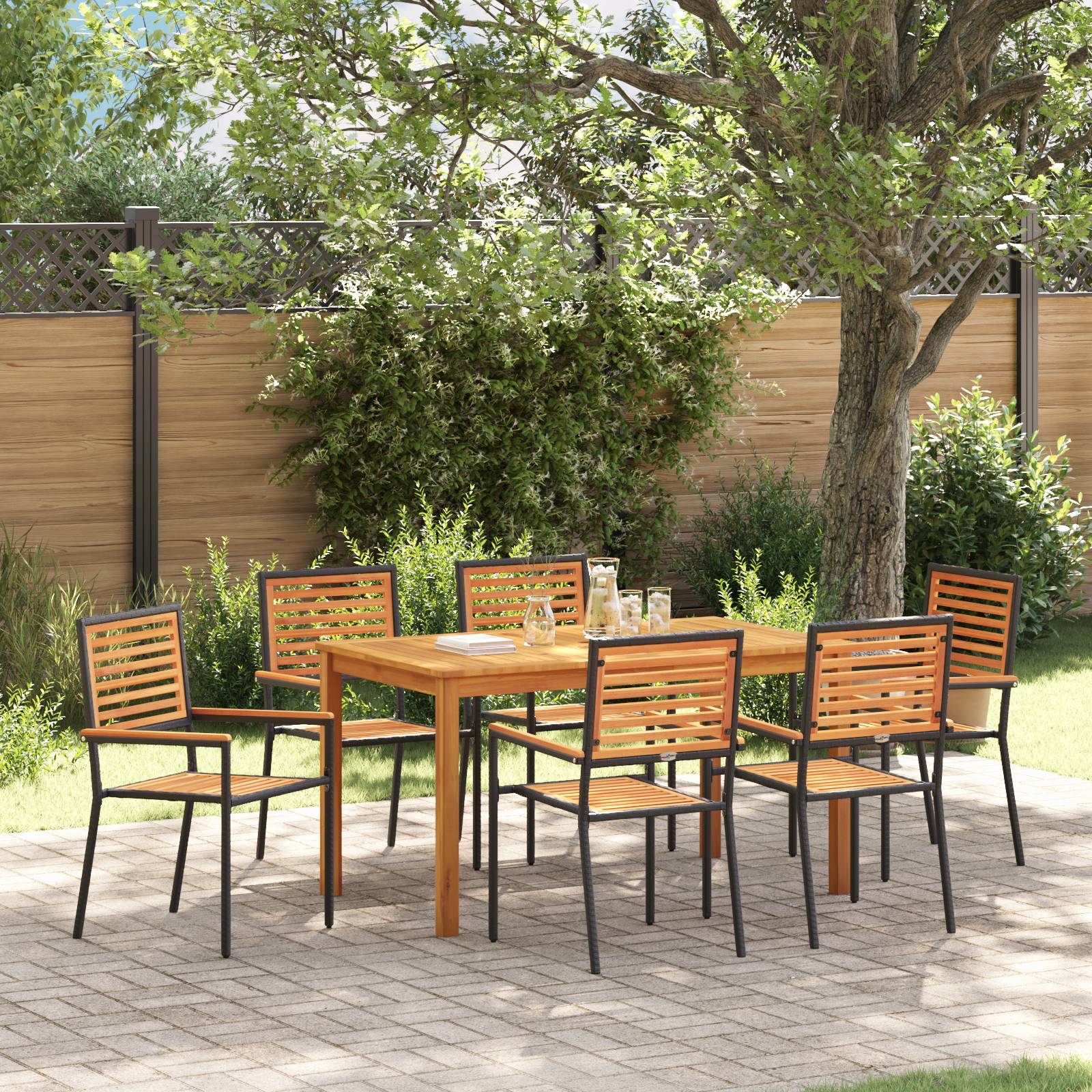 vidaXL 7-teilige Garten Essgruppe Schwarz Poly Rattan Akazie