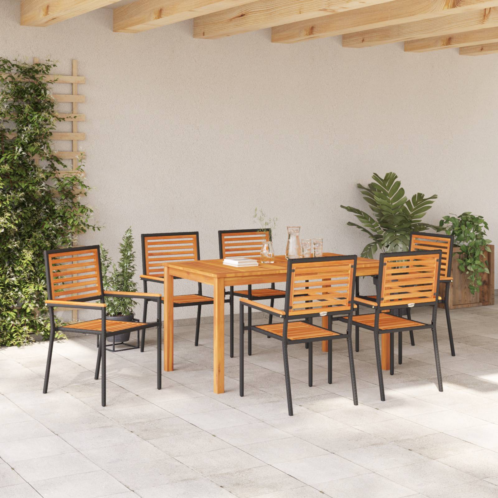 vidaXL 7-teilige Garten Essgruppe Schwarz Poly Rattan Akazie