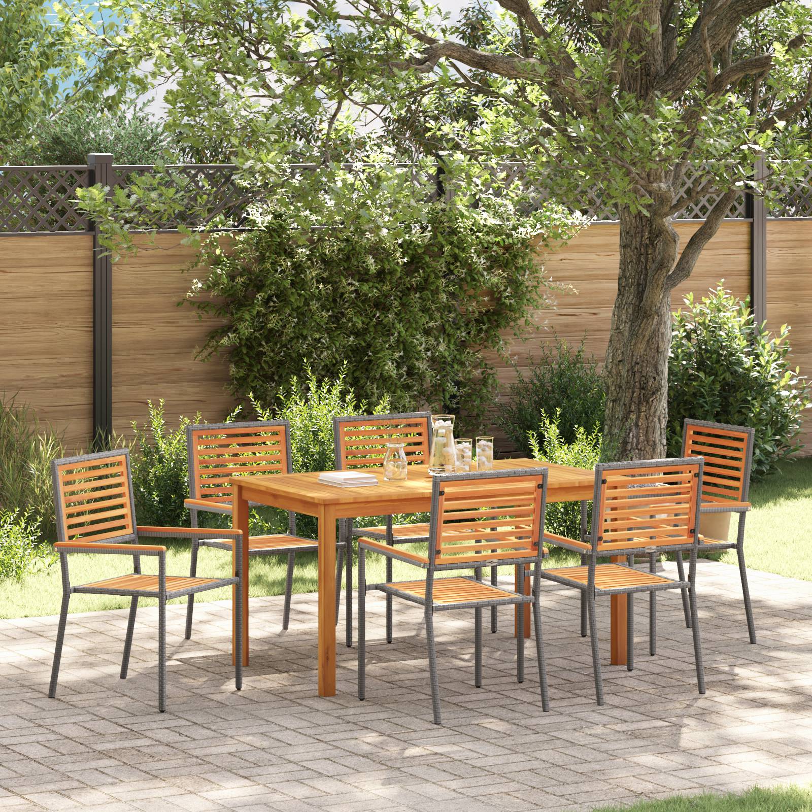 vidaXL 7-teiliges Garten-Esszimmer Set Grau Poly Rattan Akazie